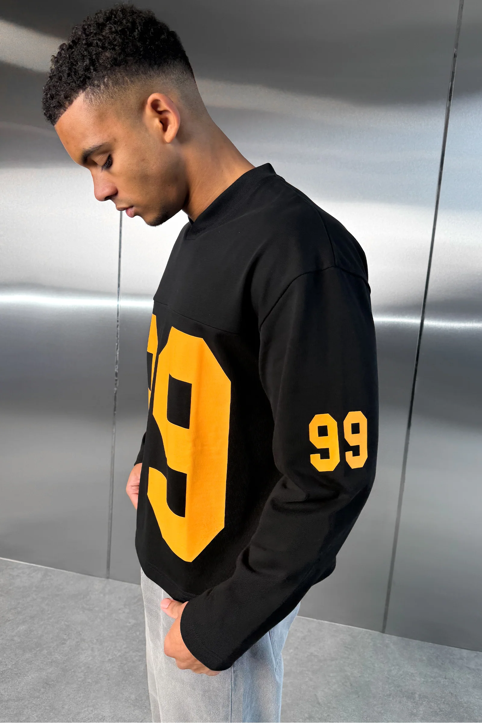 Boxy ’99’ Long Sleeve V-Neck T-Shirt - Black - Image 3