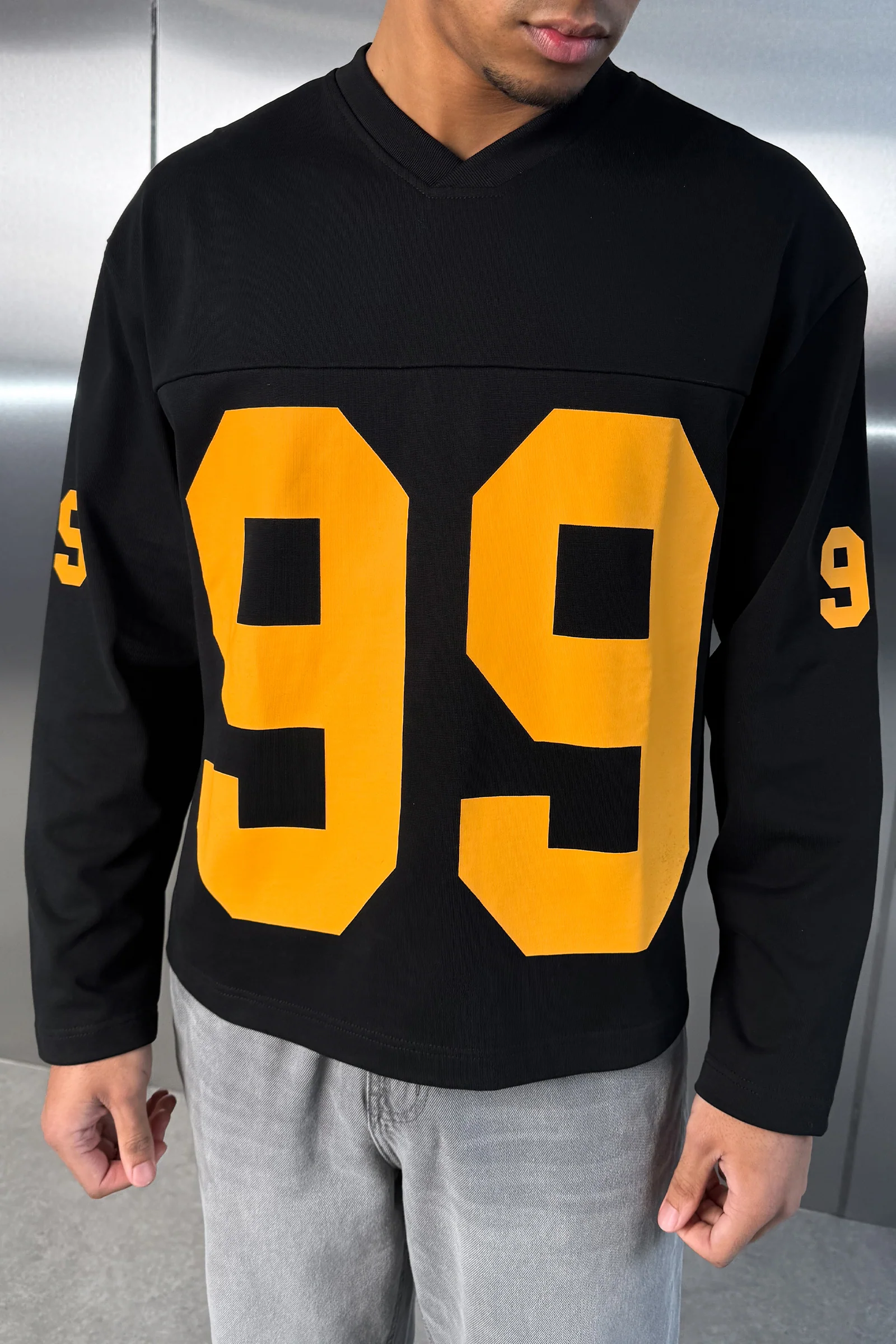 Boxy ’99’ Long Sleeve V-Neck T-Shirt - Black - Image 5