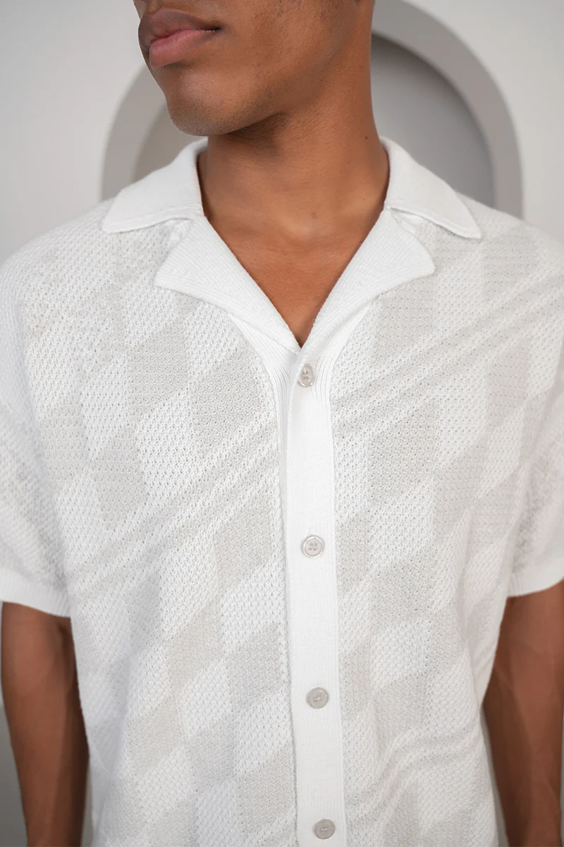 Boxy Checked Knitted Shirt - Grey/White - Image 9