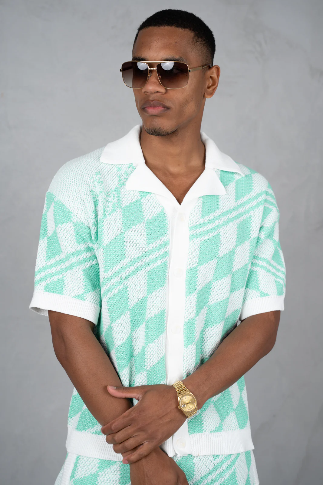 Boxy Checked Knitted Shirt - Mint