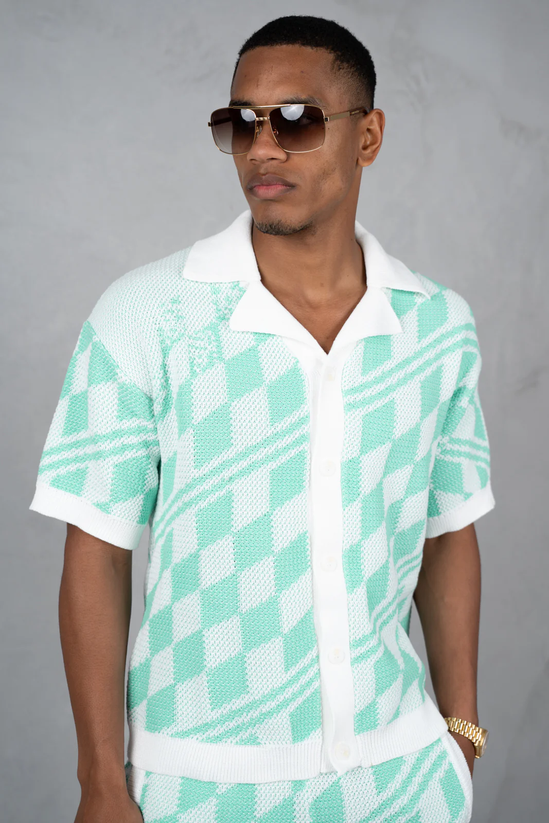 Boxy Checked Knitted Shirt - Mint - Image 10