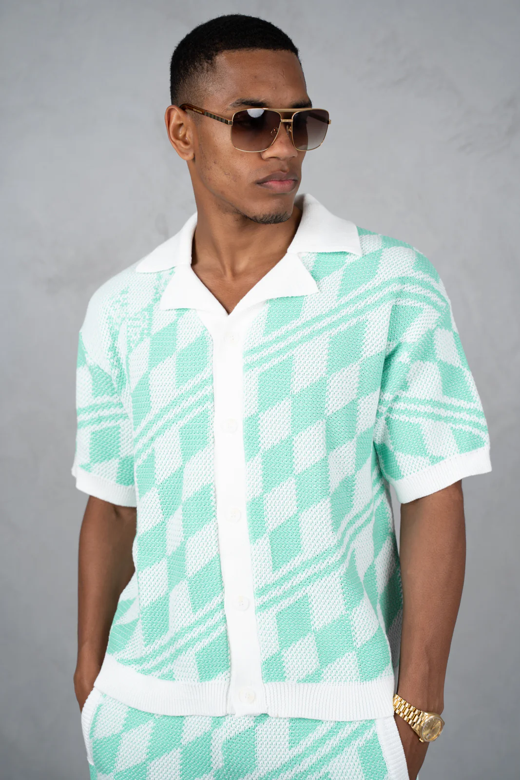 Boxy Checked Knitted Shirt - Mint - Image 11