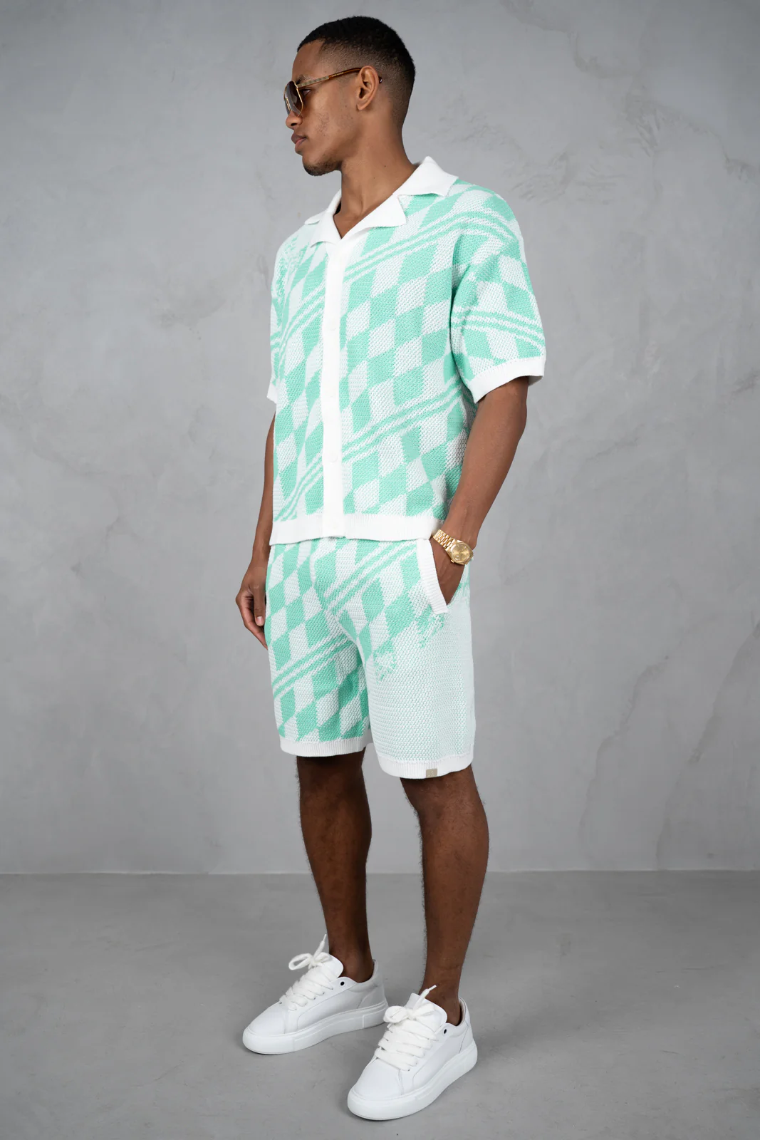 Boxy Checked Knitted Shirt - Mint - Image 2