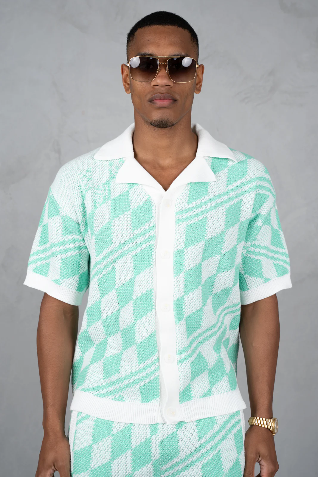 Boxy Checked Knitted Shirt - Mint - Image 3