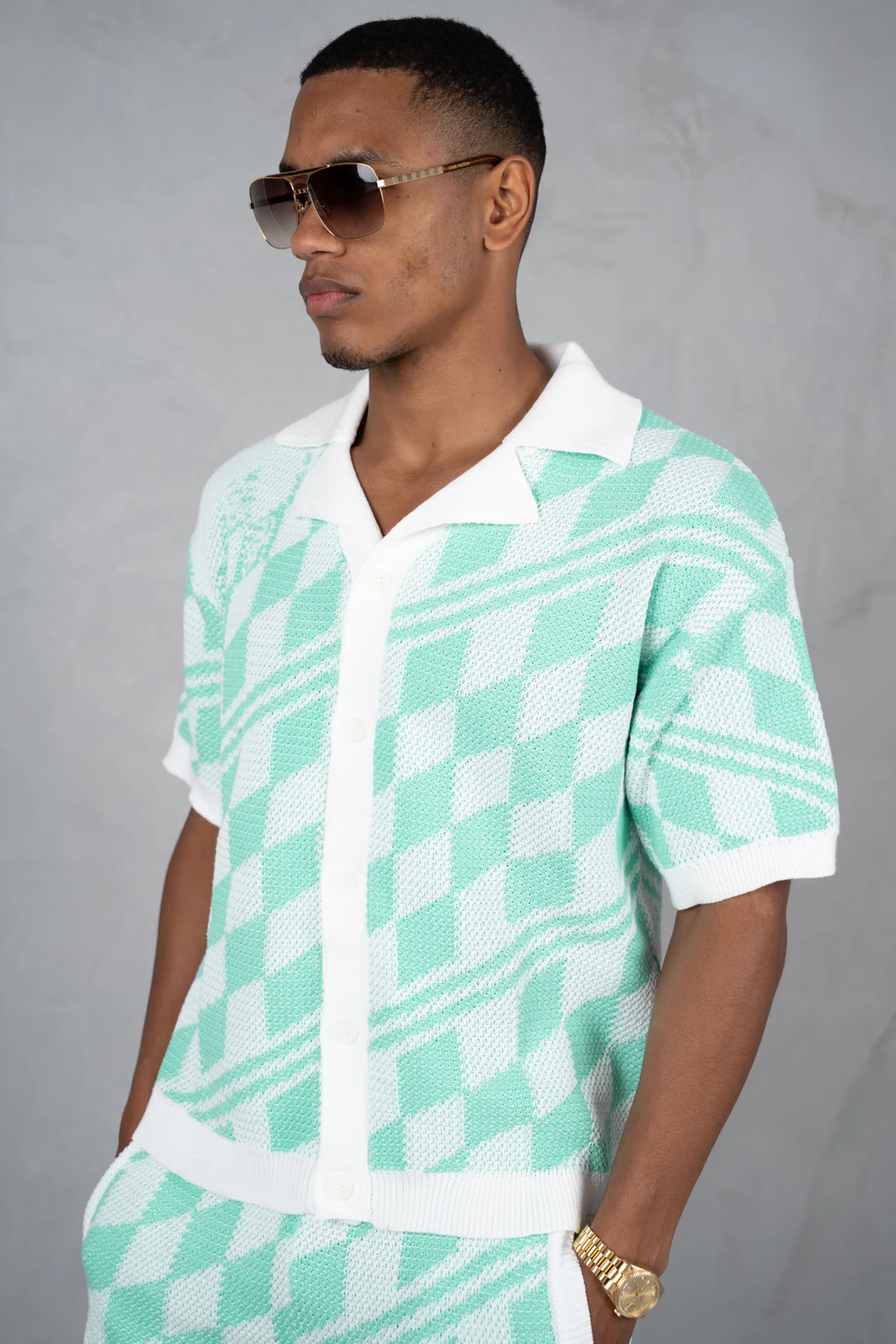 Boxy Checked Knitted Shirt - Mint - Image 5