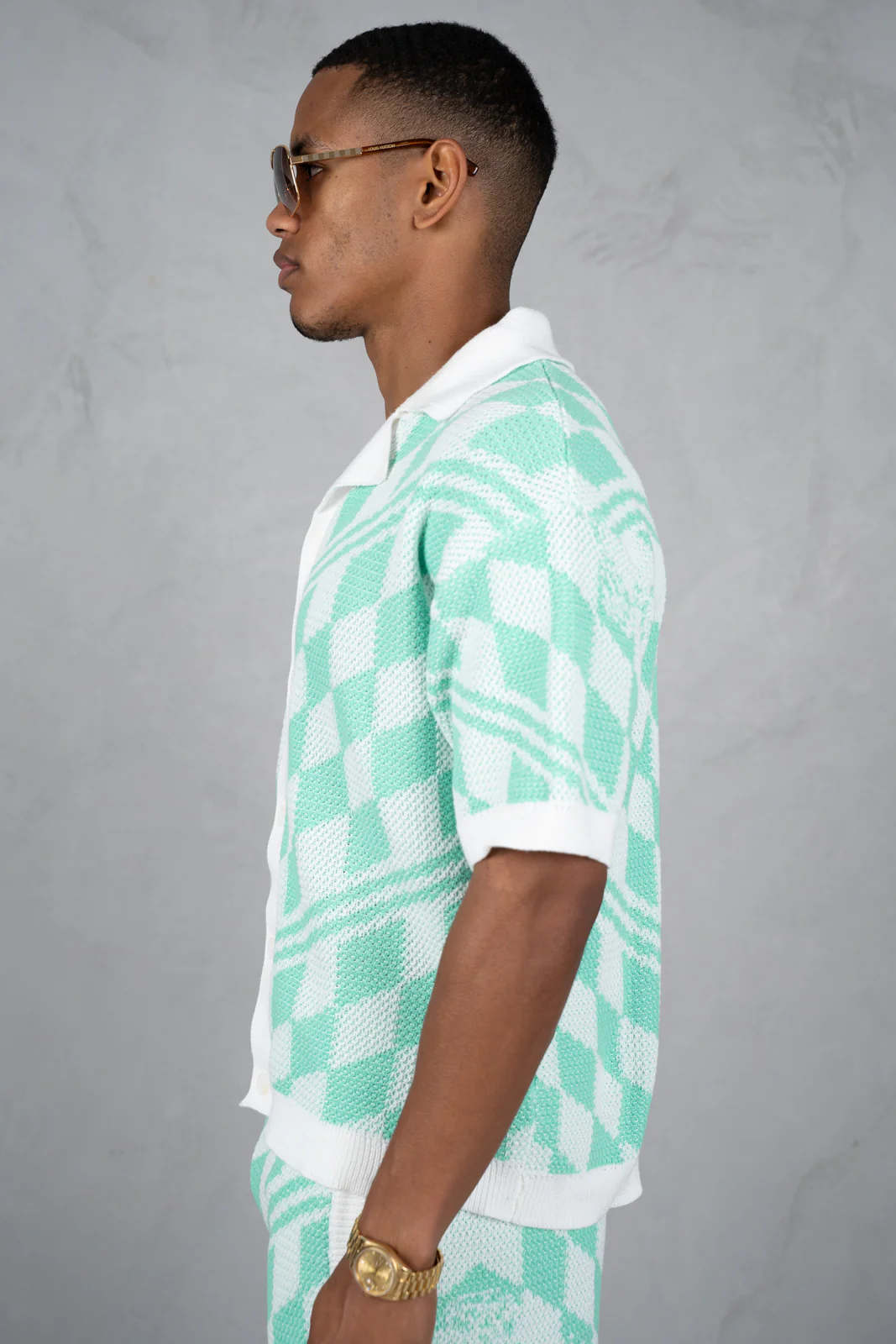 Boxy Checked Knitted Shirt - Mint - Image 6