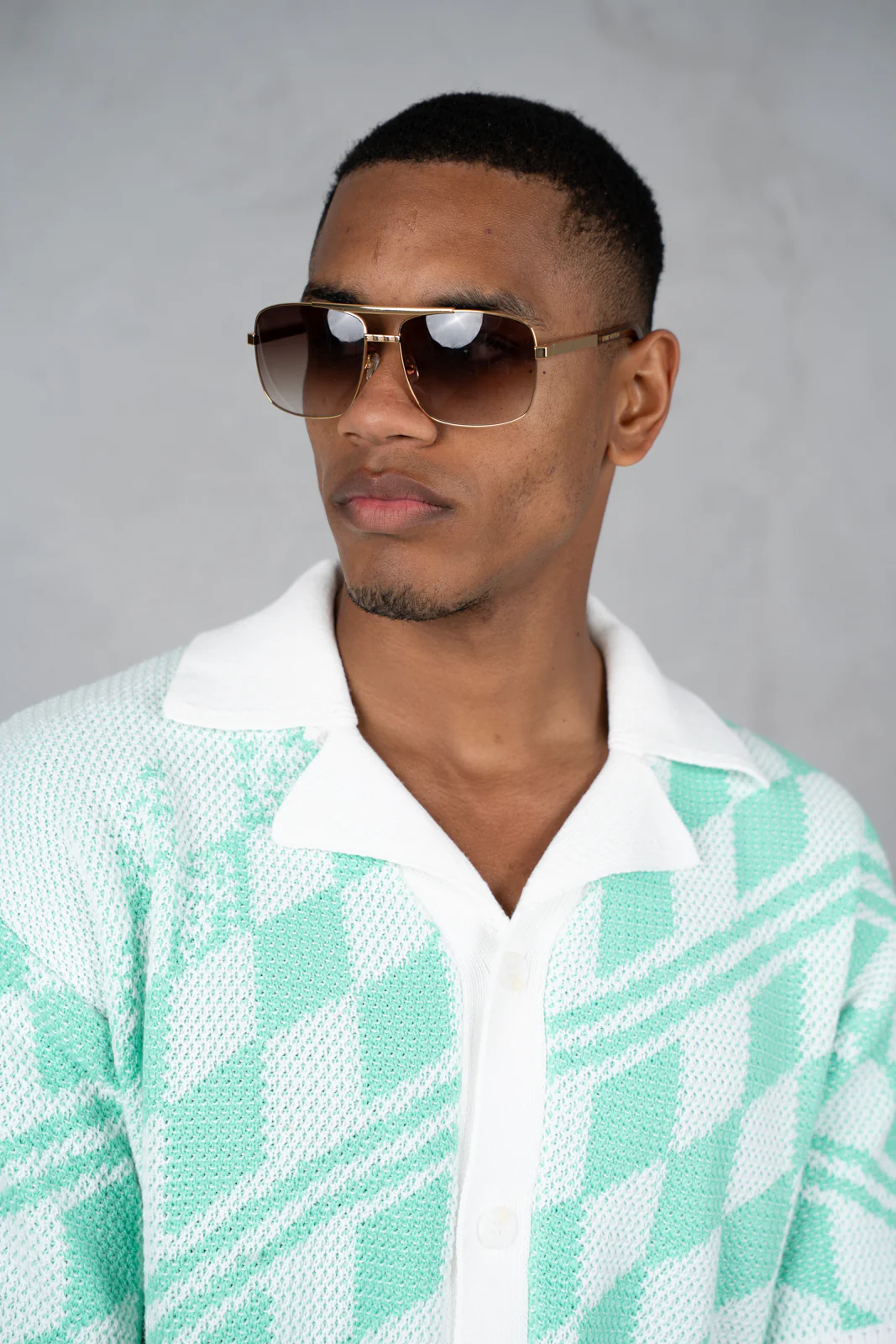 Boxy Checked Knitted Shirt - Mint - Image 7