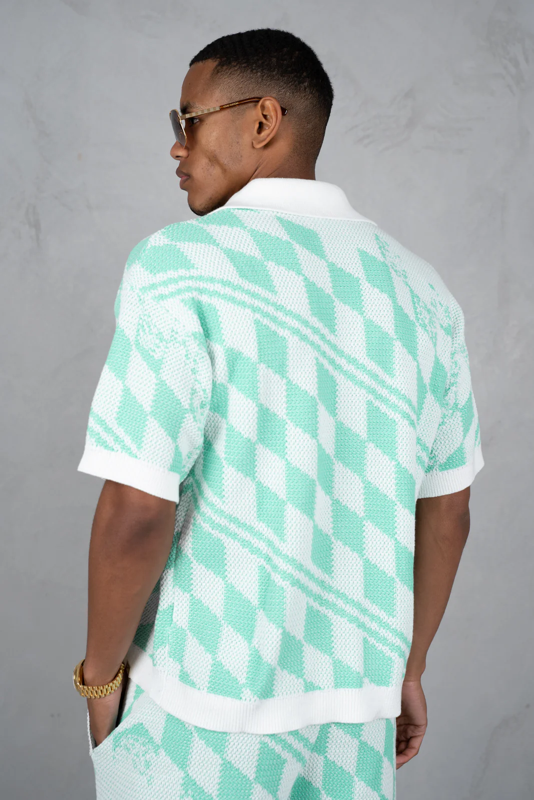 Boxy Checked Knitted Shirt - Mint - Image 9