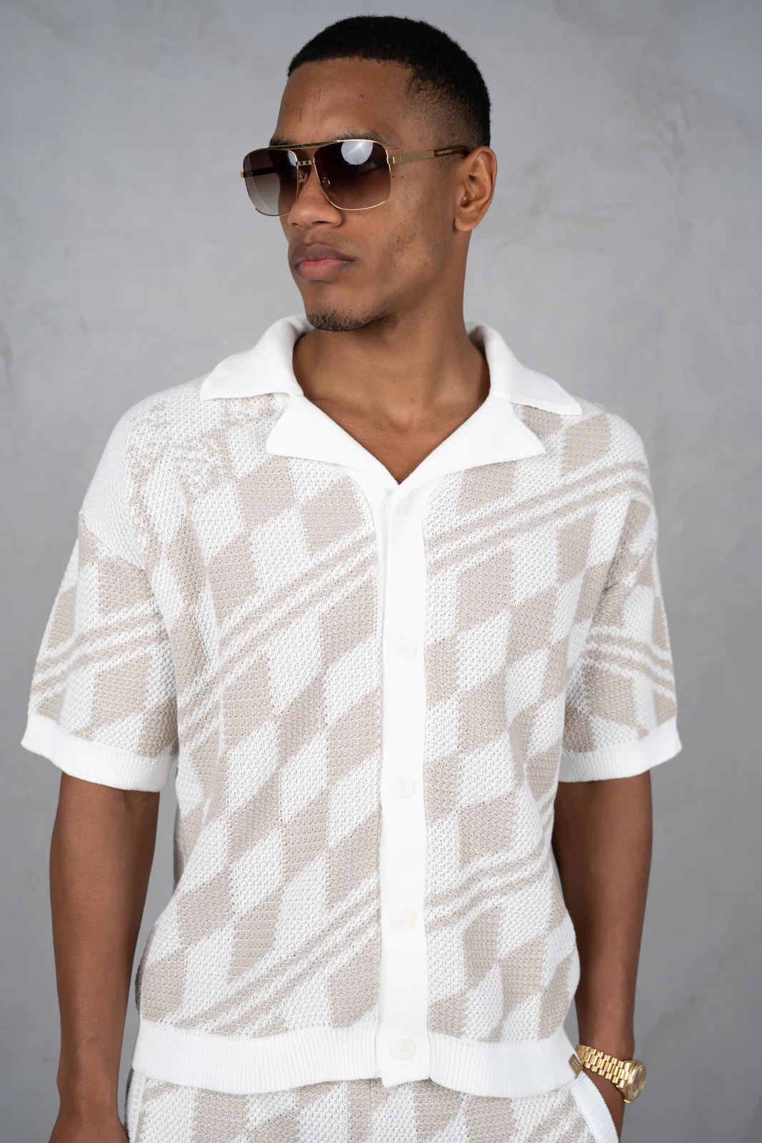 Boxy Checked Knitted Shirt - Taupe - Image 10
