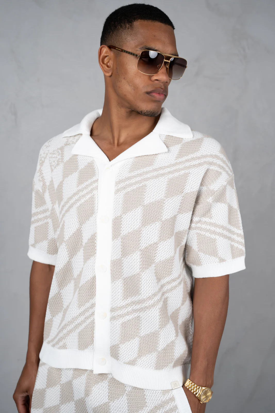 Boxy Checked Knitted Shirt - Taupe - Image 11