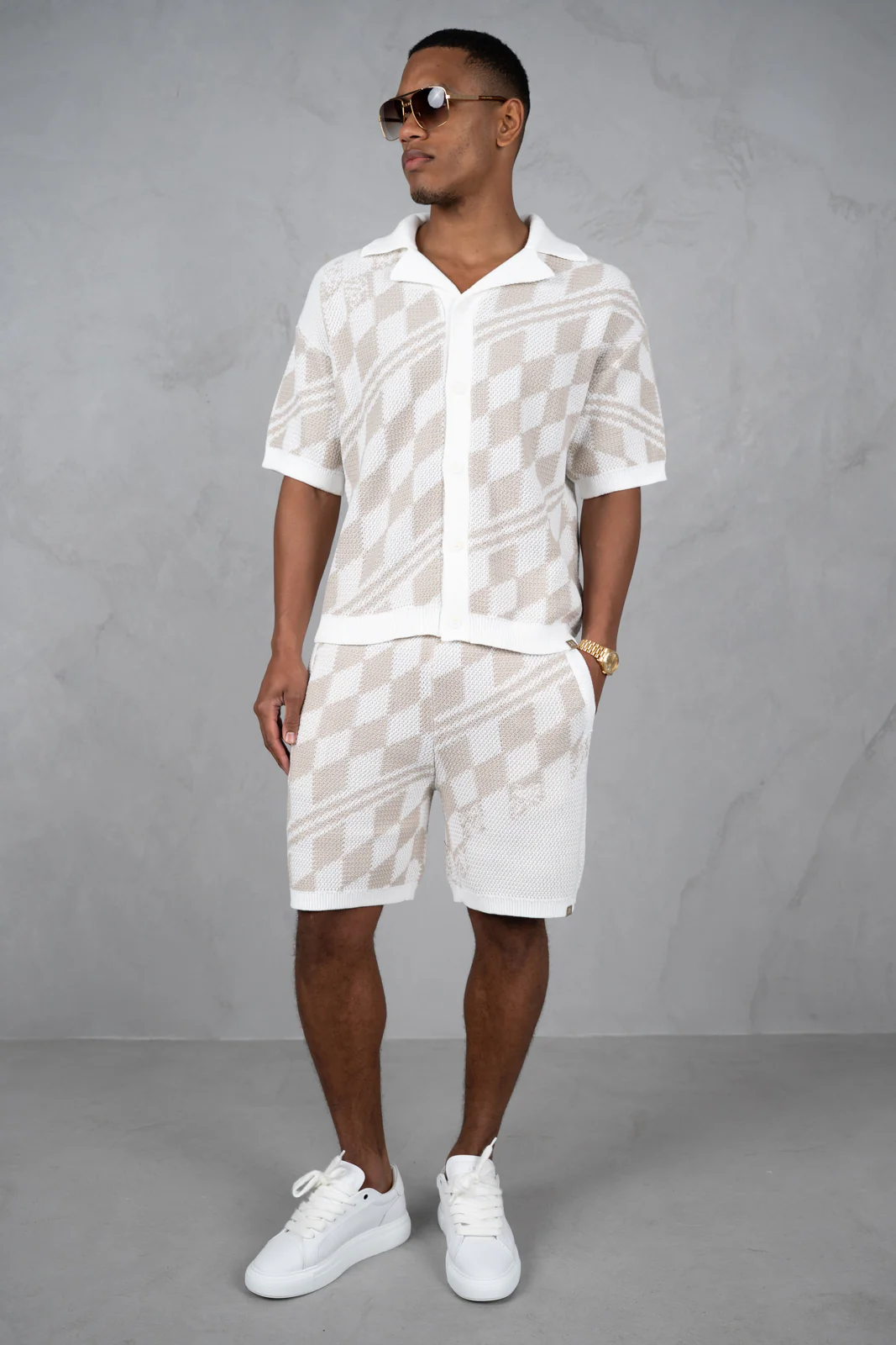 Boxy Checked Knitted Shirt - Taupe - Image 2