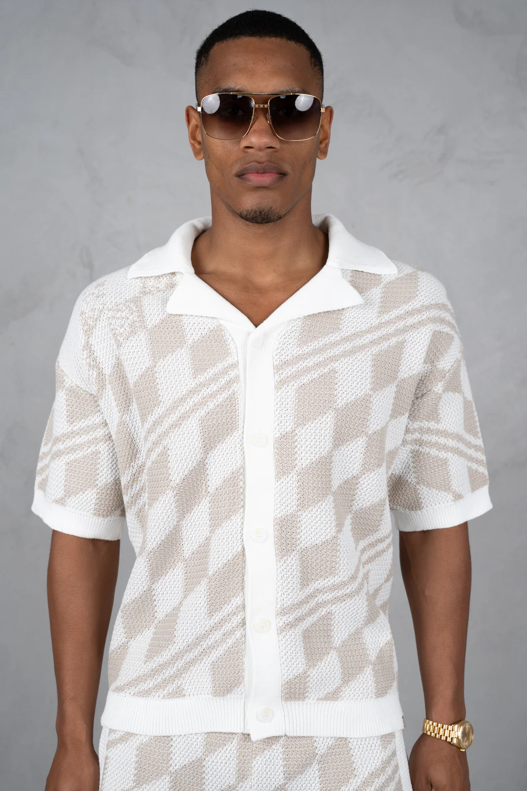 Boxy Checked Knitted Shirt - Taupe - Image 3