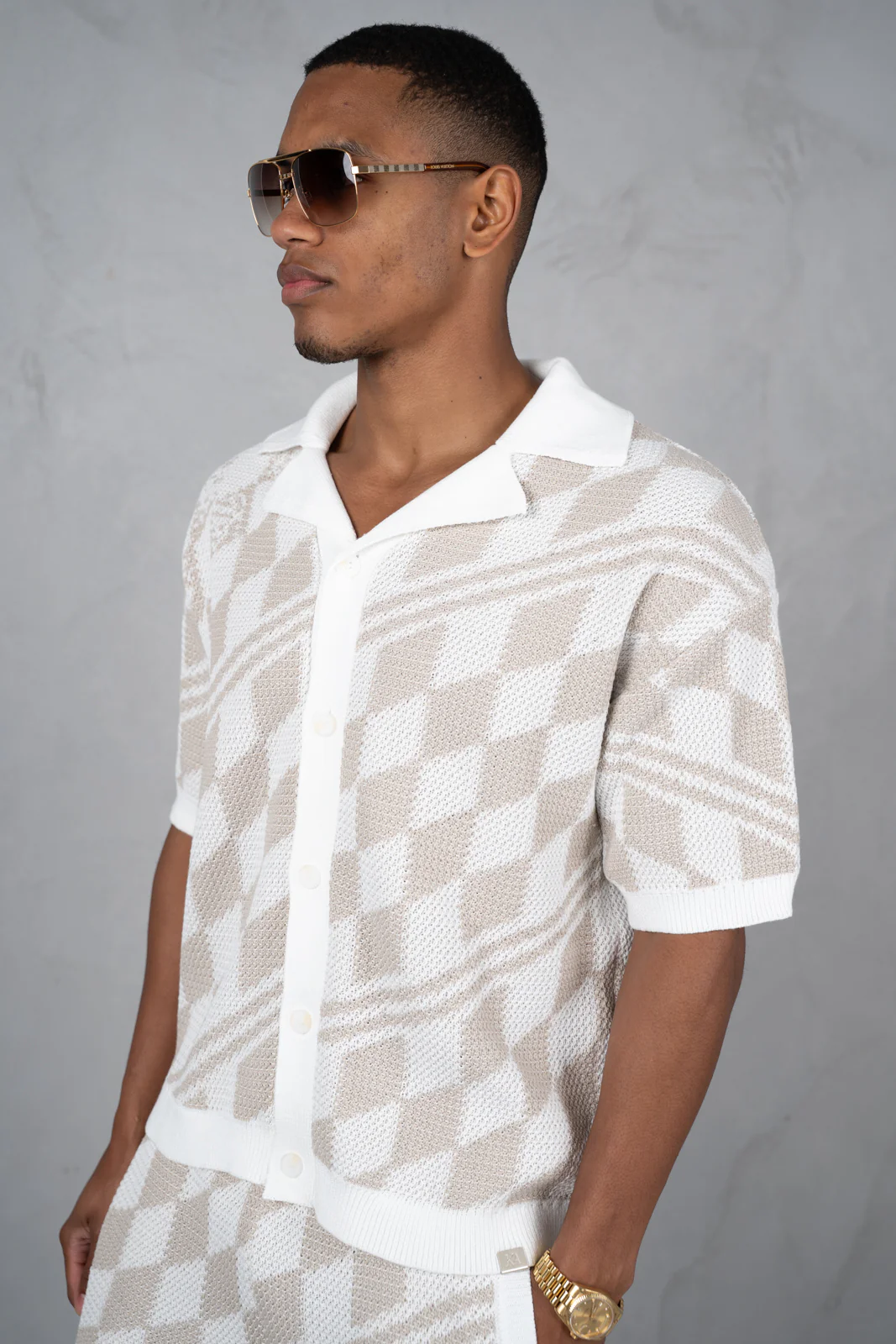 Boxy Checked Knitted Shirt - Taupe - Image 4