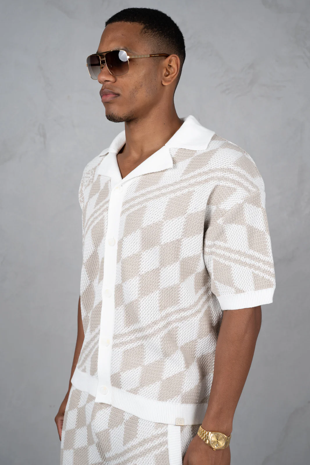 Boxy Checked Knitted Shirt - Taupe - Image 6