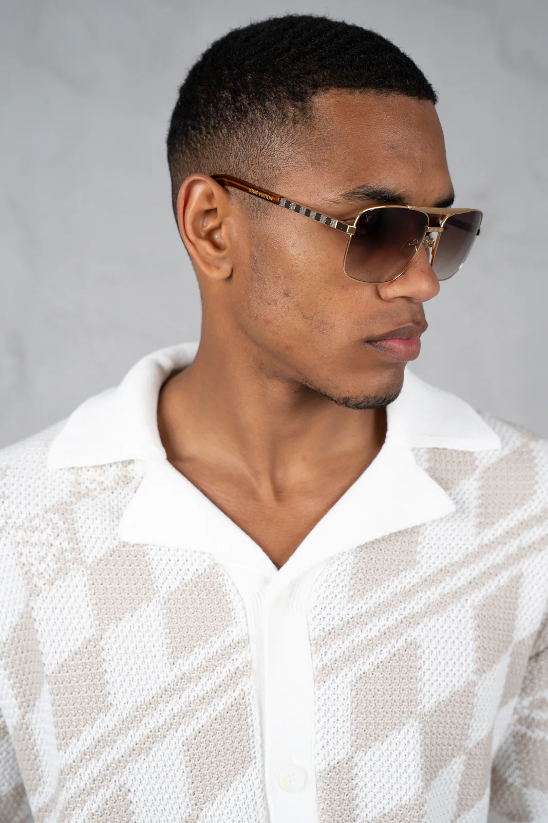 Boxy Checked Knitted Shirt - Taupe - Image 7