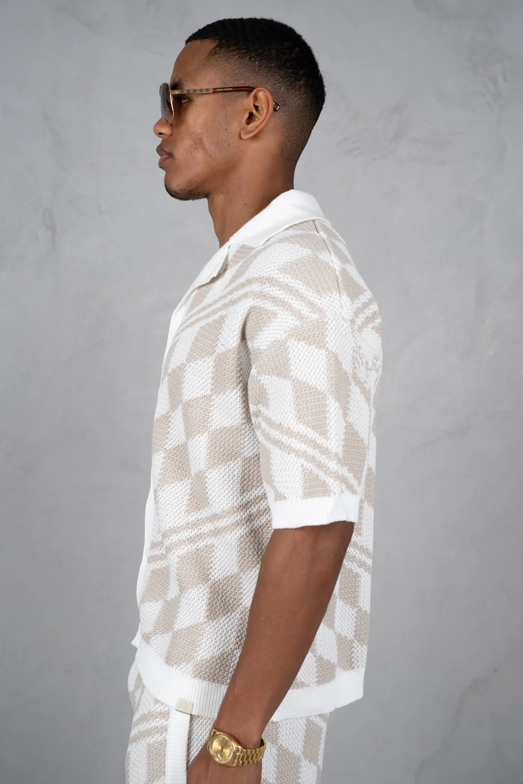Boxy Checked Knitted Shirt - Taupe - Image 8