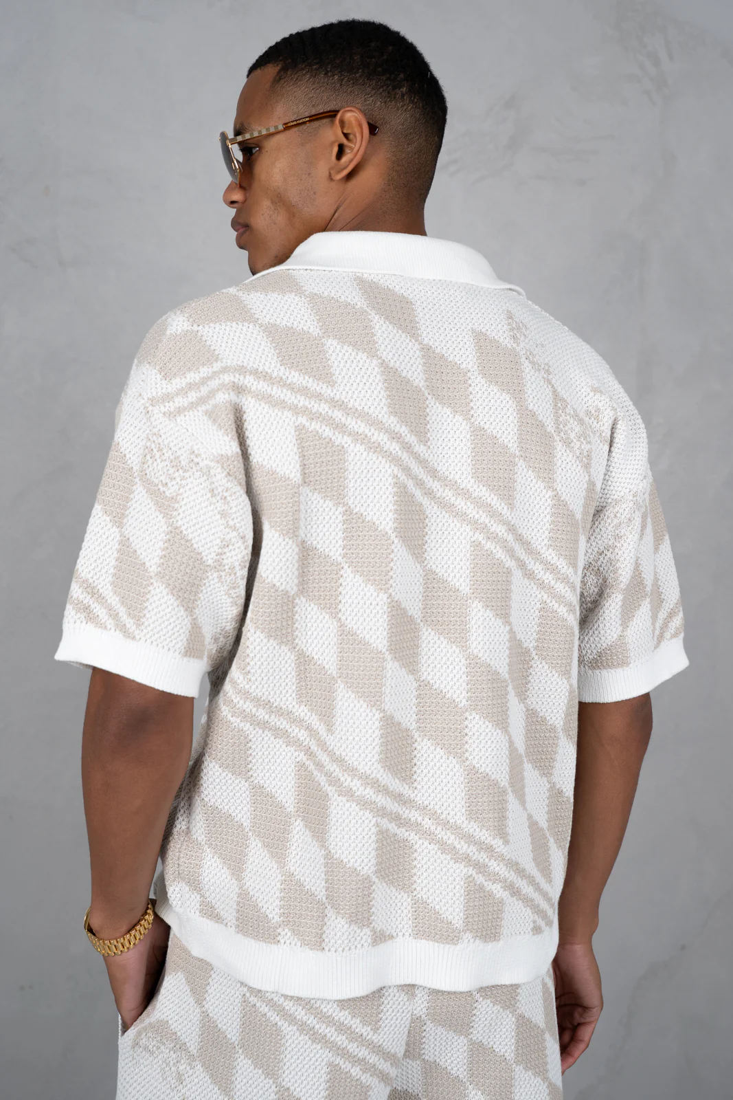 Boxy Checked Knitted Shirt - Taupe - Image 9