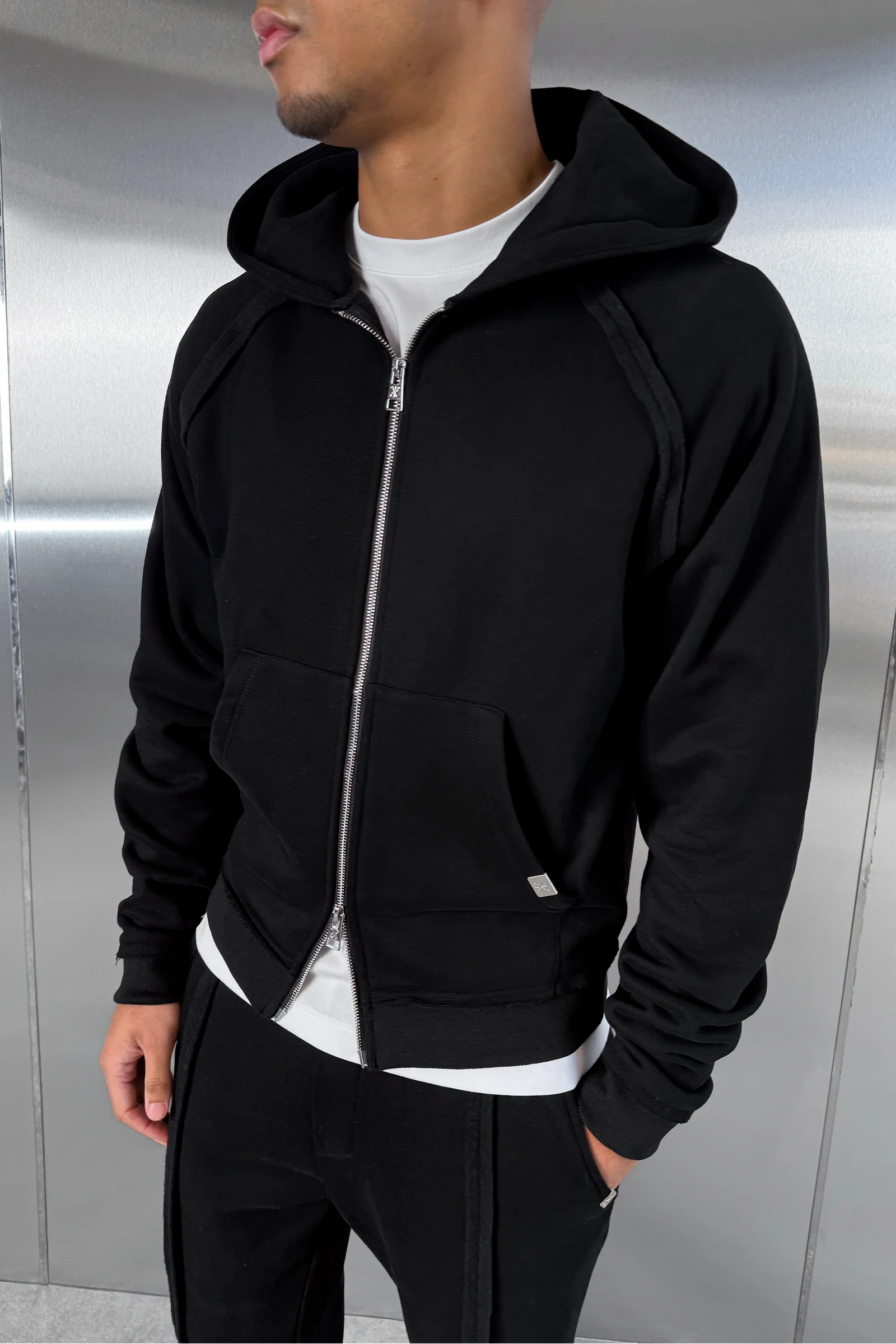 Boxy Raw-Seam Hoodie - Black - Image 5