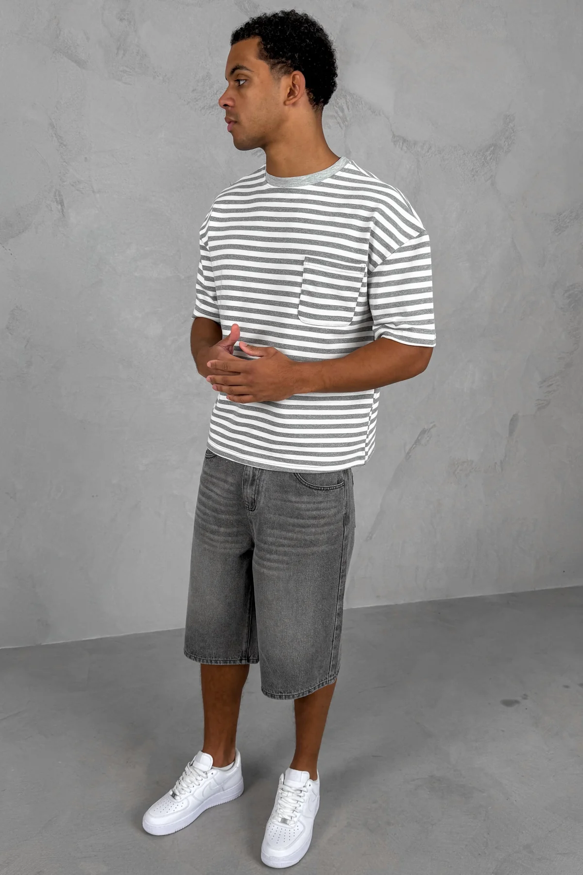 Boxy Stripe Pocket T-Shirt - Grey - Image 2