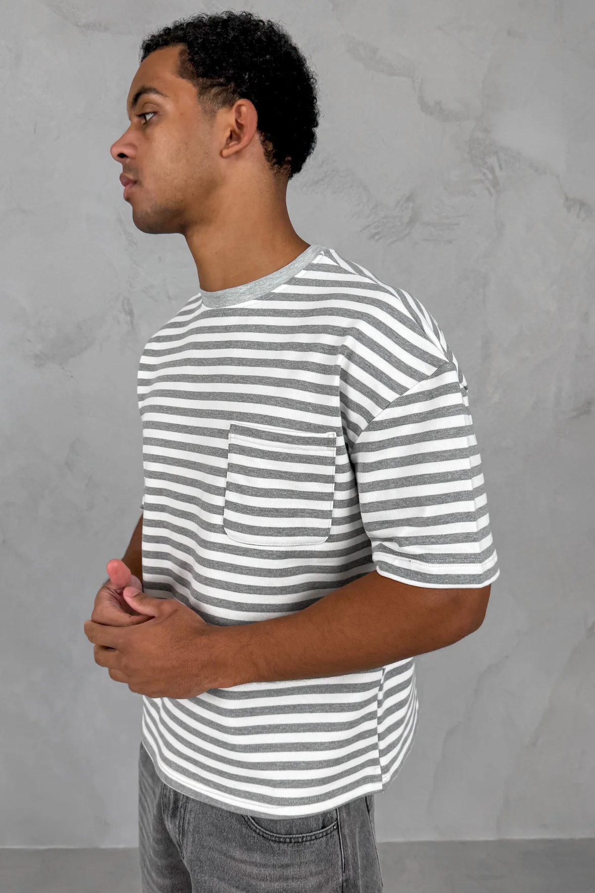 Boxy Stripe Pocket T-Shirt - Grey - Image 3
