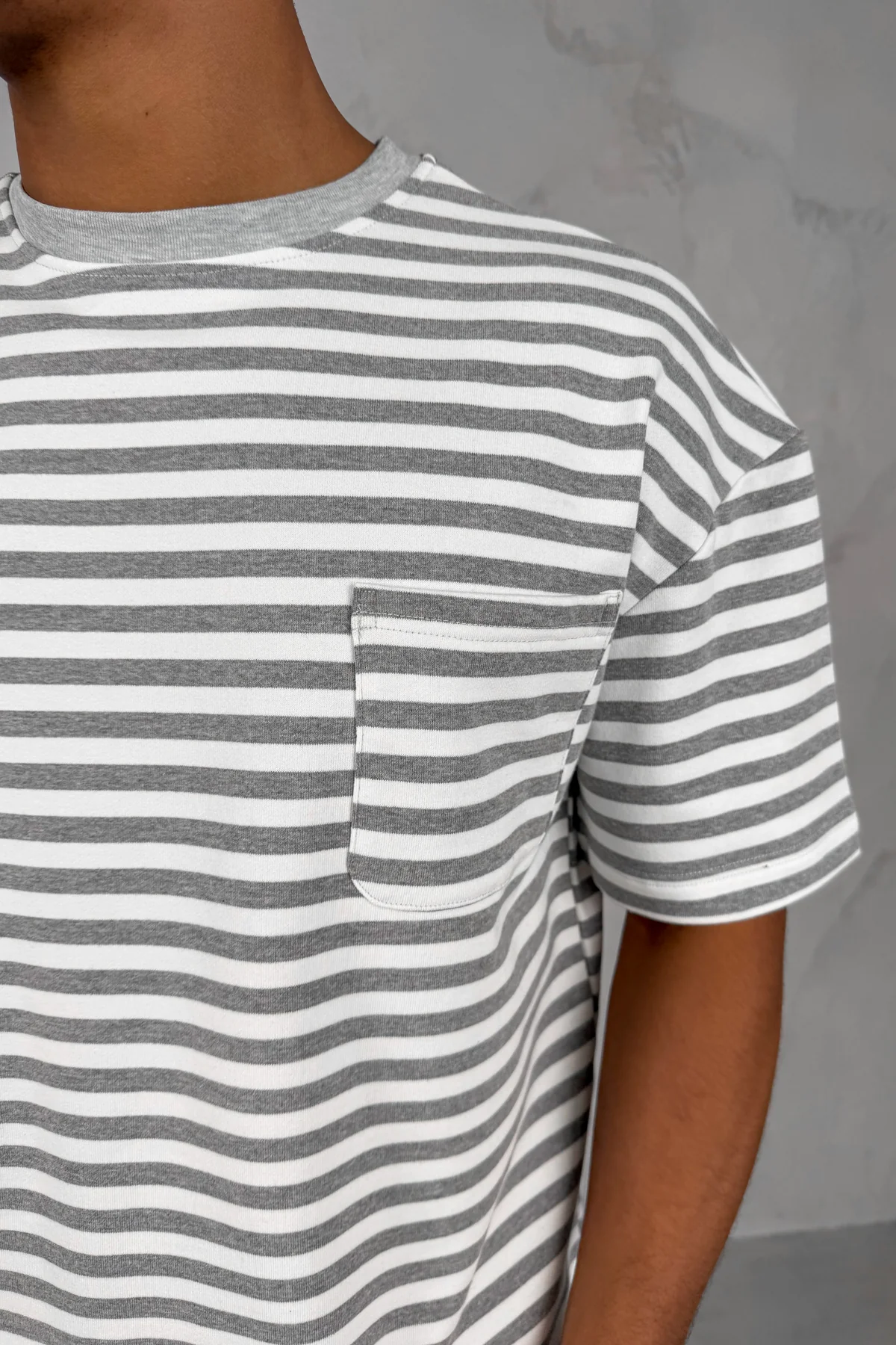 Boxy Stripe Pocket T-Shirt - Grey - Image 4