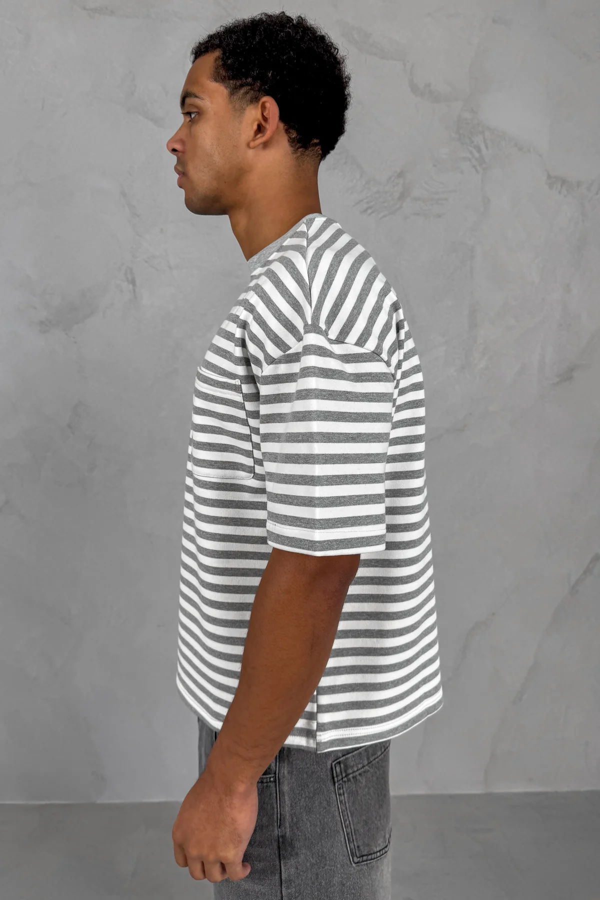 Boxy Stripe Pocket T-Shirt - Grey - Image 5