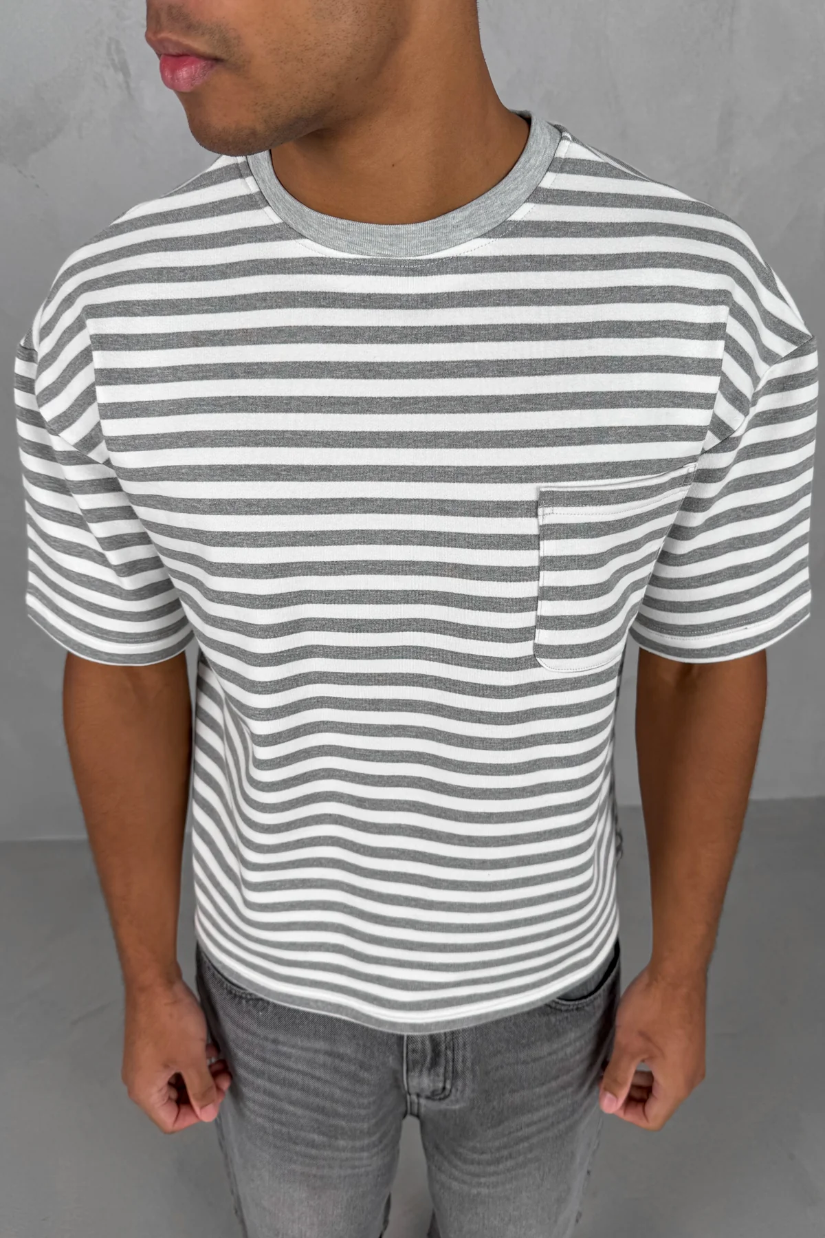 Boxy Stripe Pocket T-Shirt - Grey - Image 6