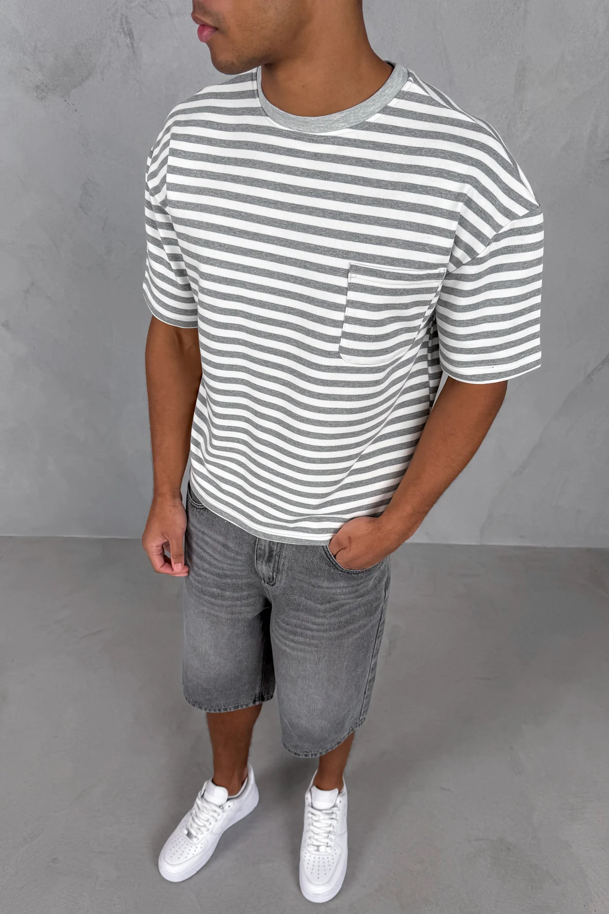 Boxy Stripe Pocket T-Shirt - Grey - Image 8
