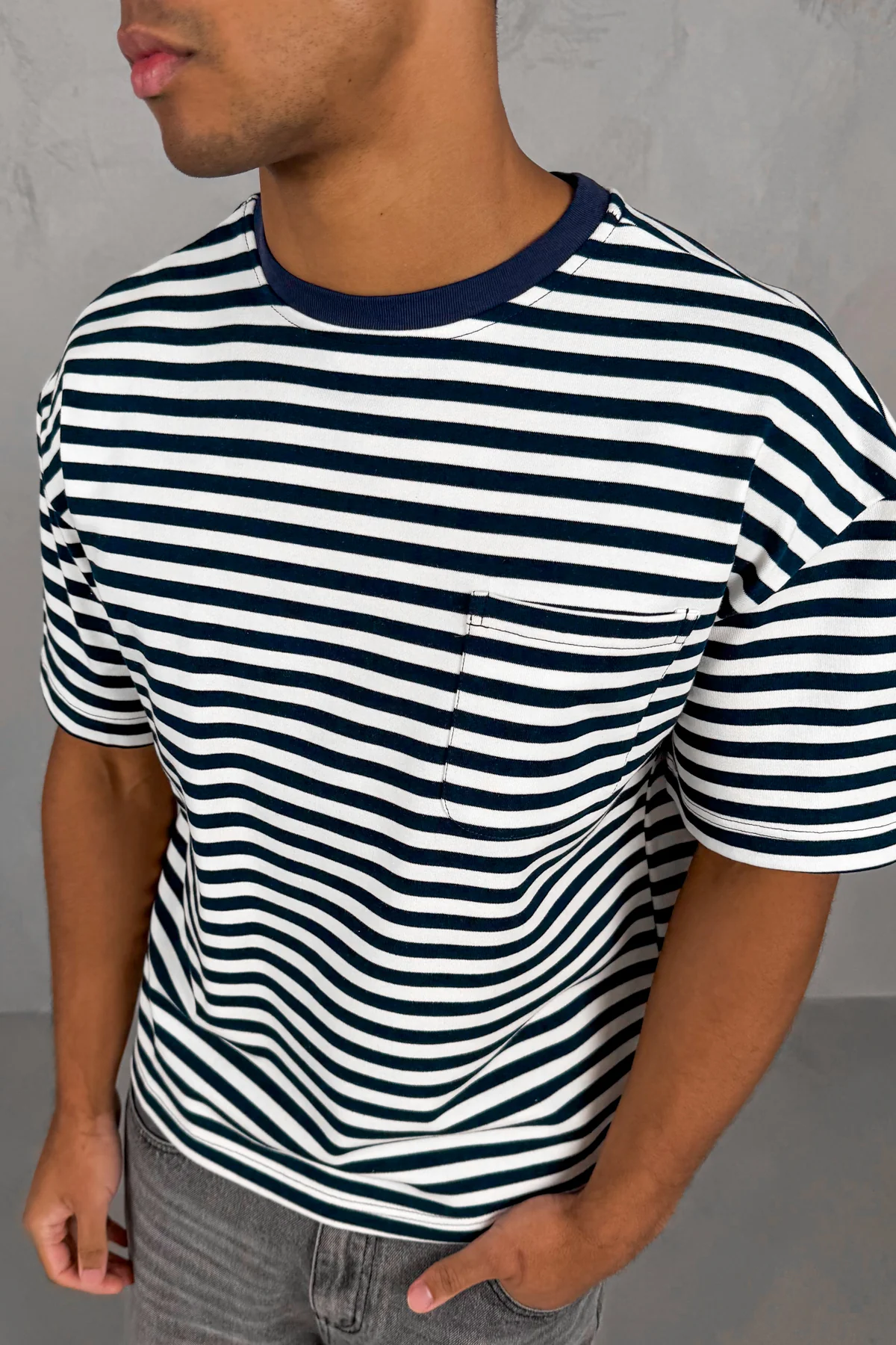 Boxy Stripe Pocket T-Shirt - Navy
