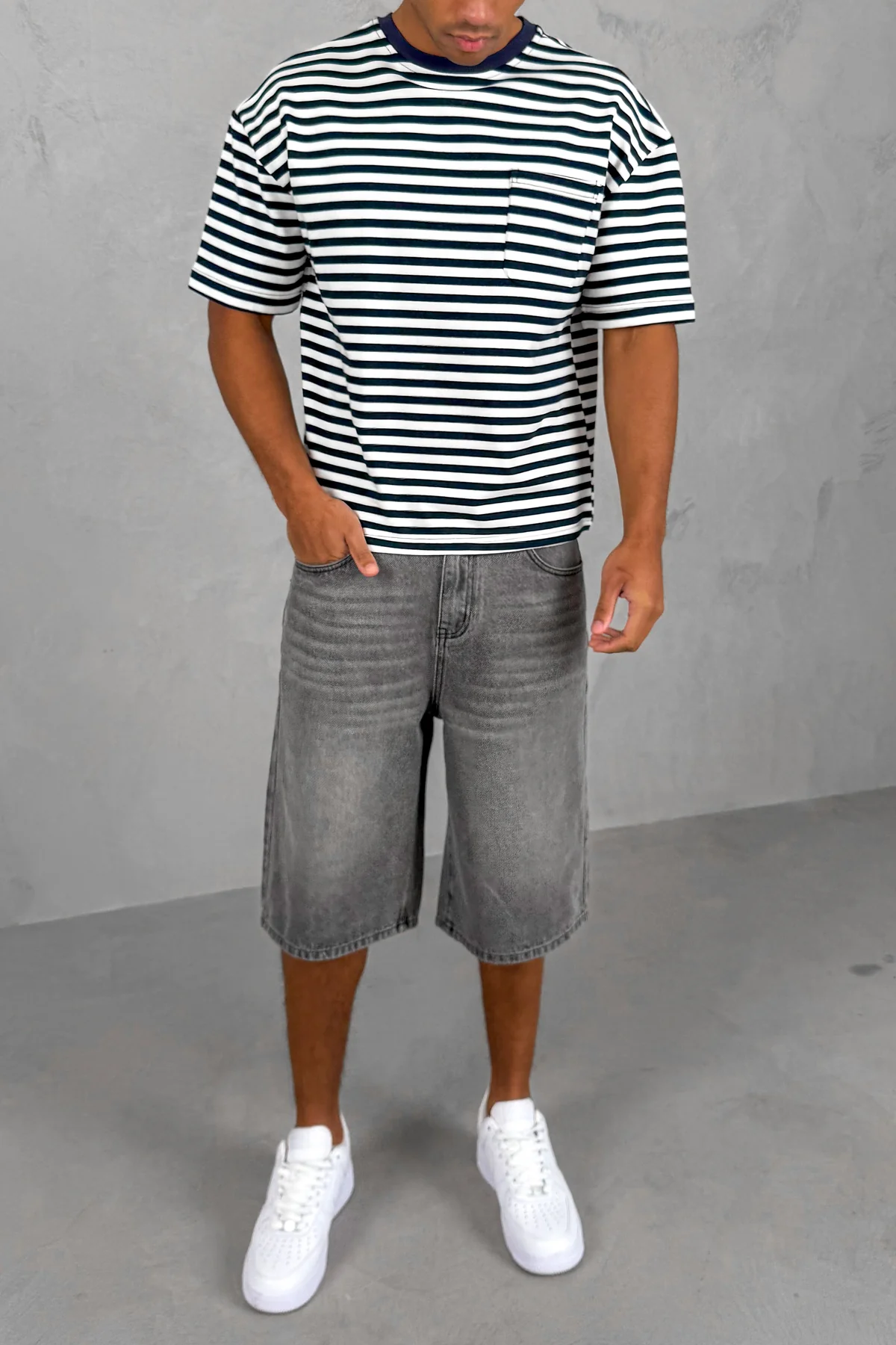 Boxy Stripe Pocket T-Shirt - Navy - Image 2