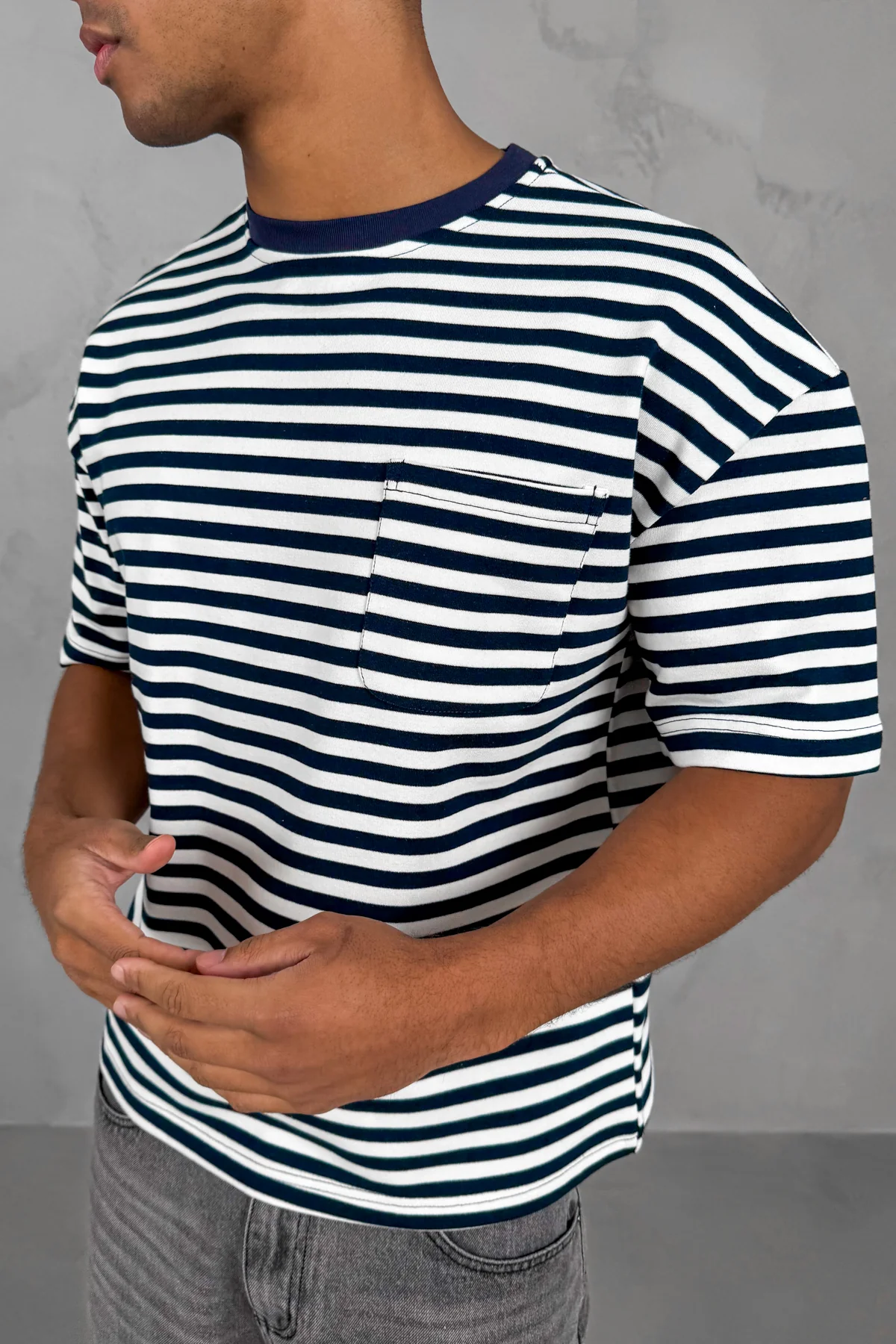 Boxy Stripe Pocket T-Shirt - Navy - Image 3