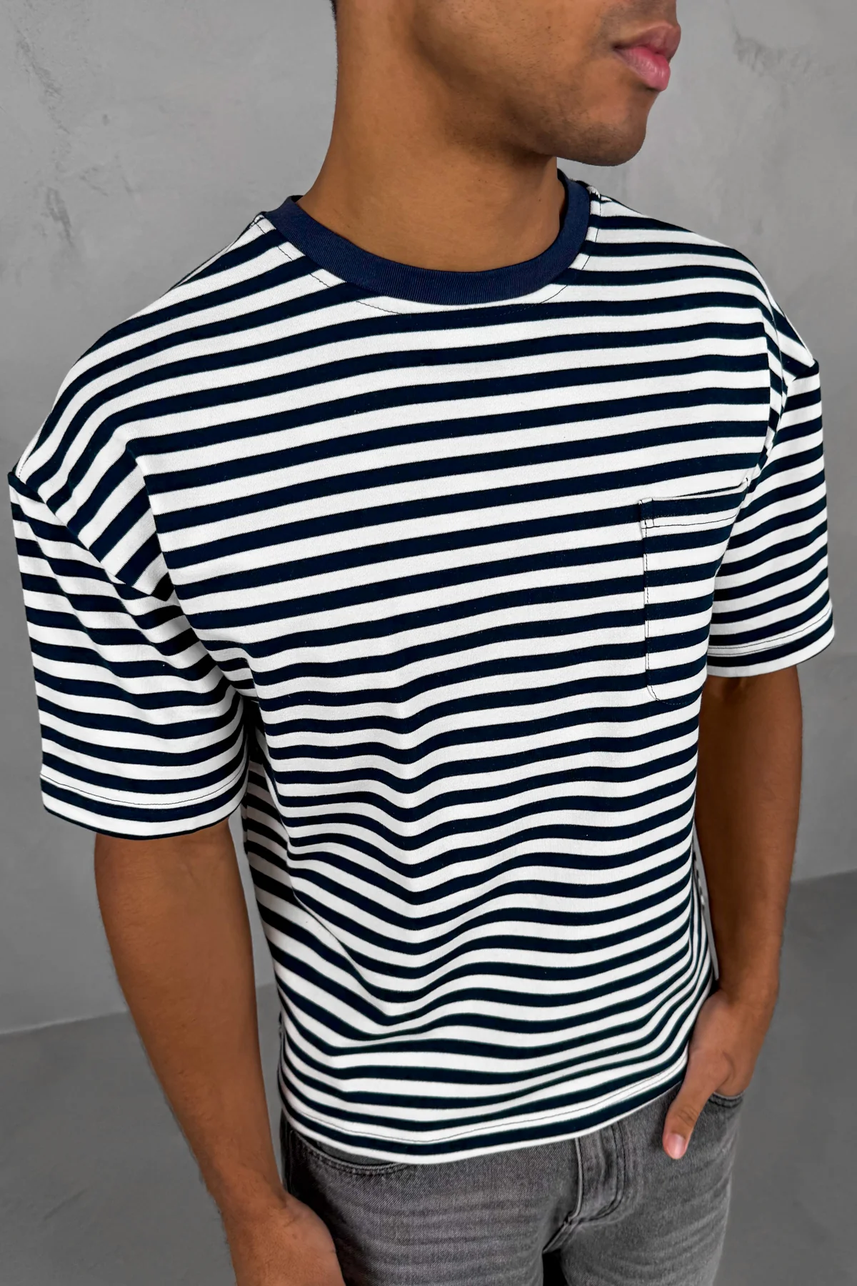 Boxy Stripe Pocket T-Shirt - Navy - Image 4