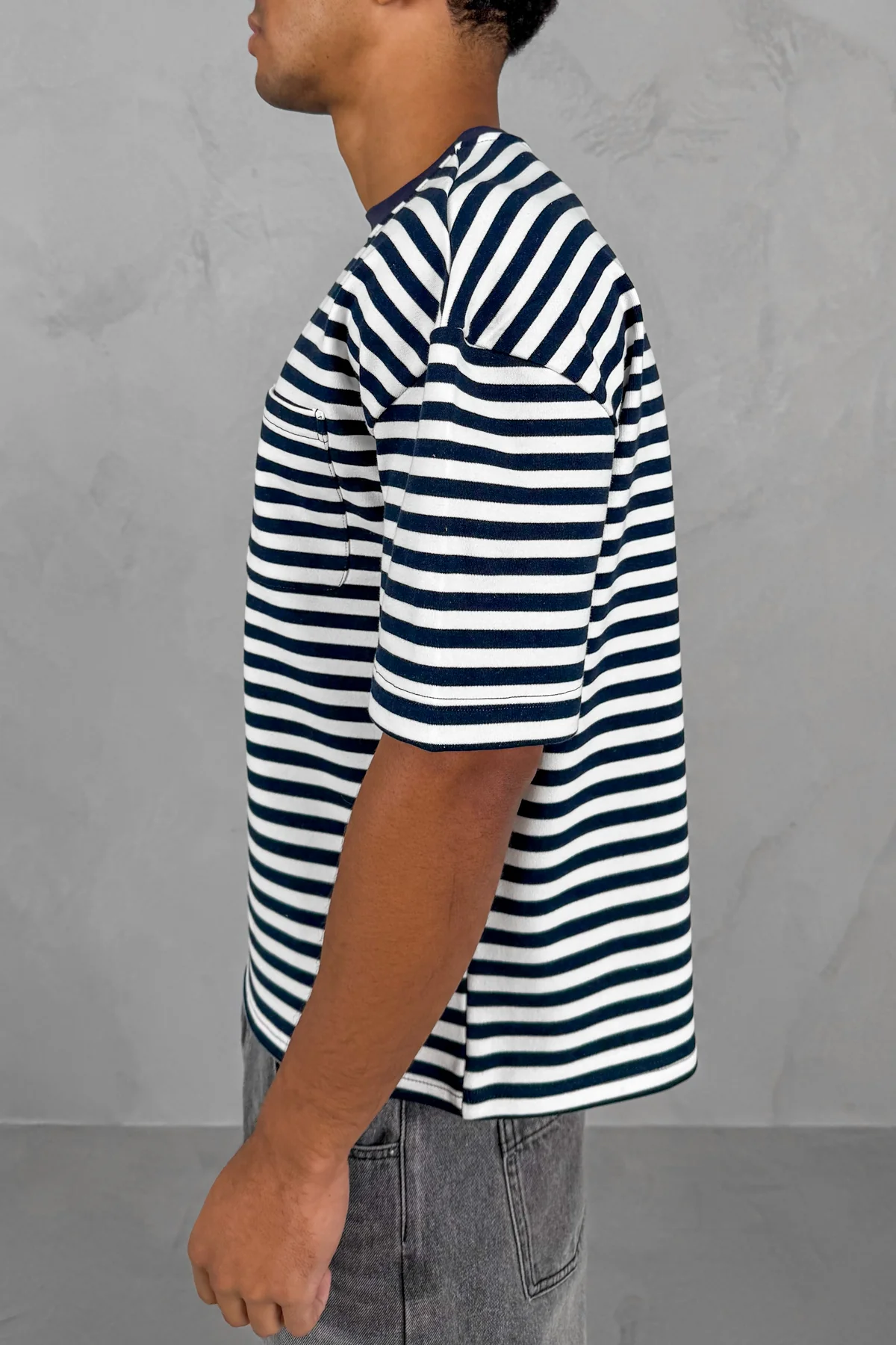 Boxy Stripe Pocket T-Shirt - Navy - Image 6