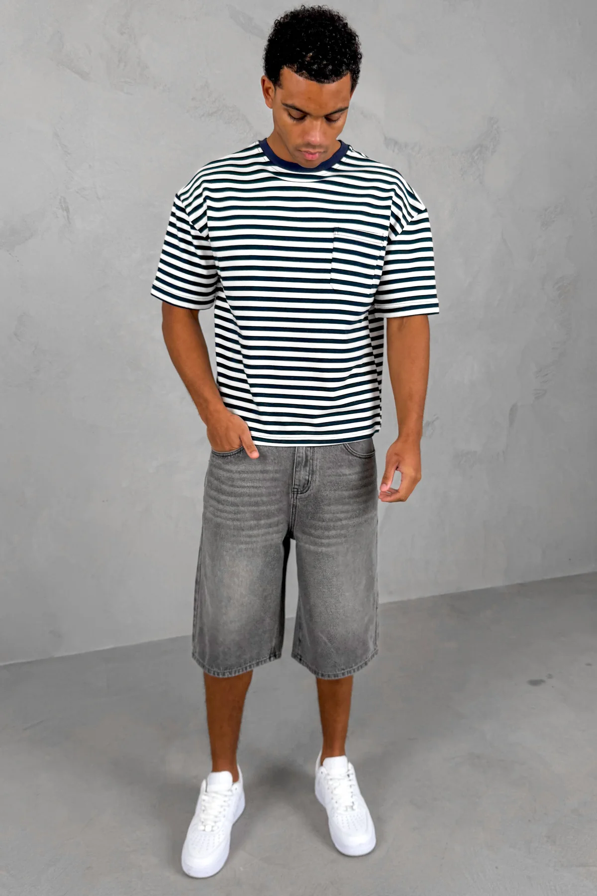 Boxy Stripe Pocket T-Shirt - Navy - Image 8