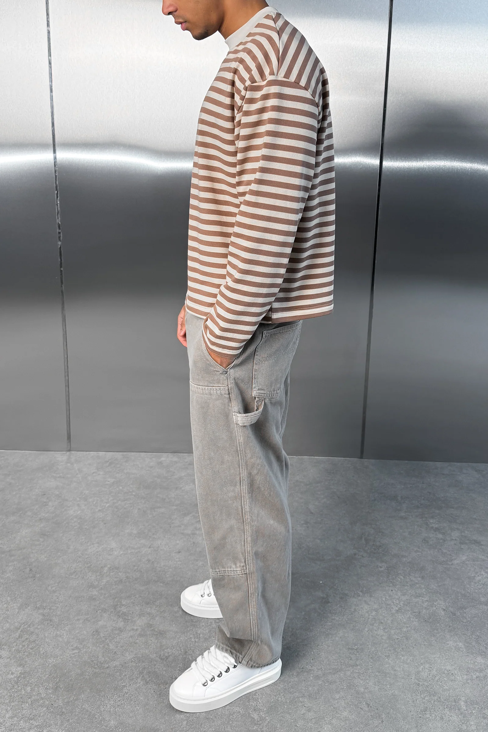 Boxy Striped Long Sleeve T-Shirt - Ecru - Image 3