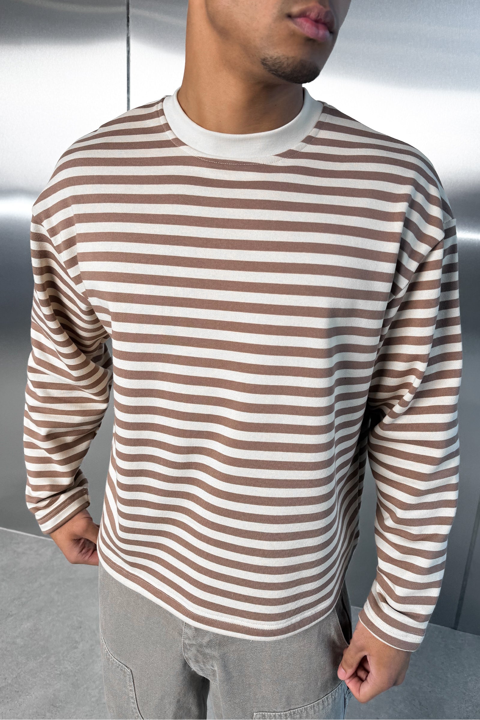 Boxy Striped Long Sleeve T-Shirt - Ecru - Image 4
