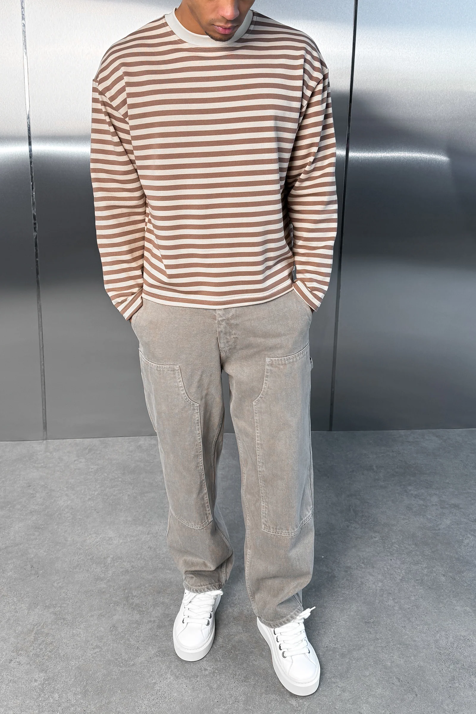 Boxy Striped Long Sleeve T-Shirt - Ecru - Image 5