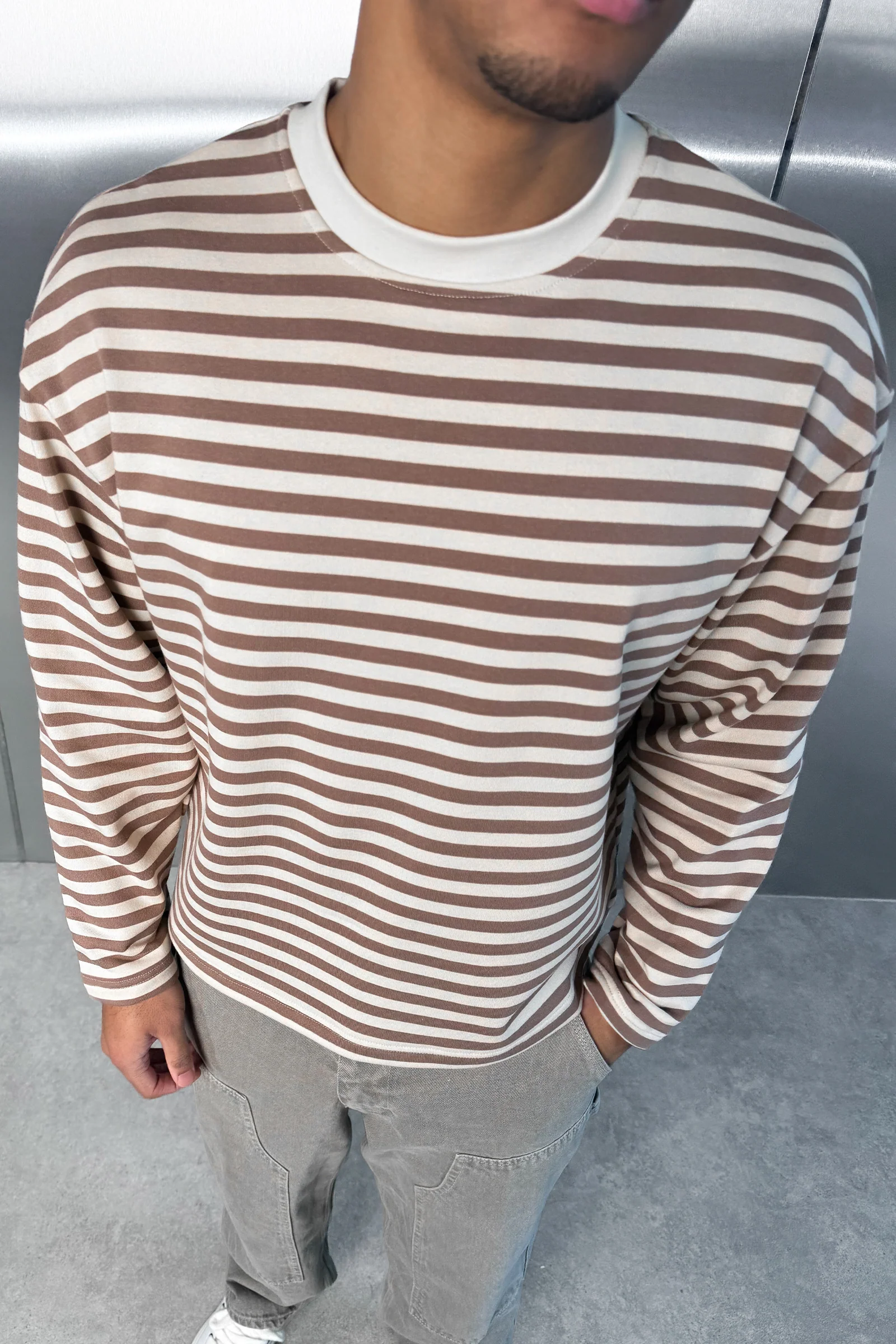 Boxy Striped Long Sleeve T-Shirt - Ecru - Image 6