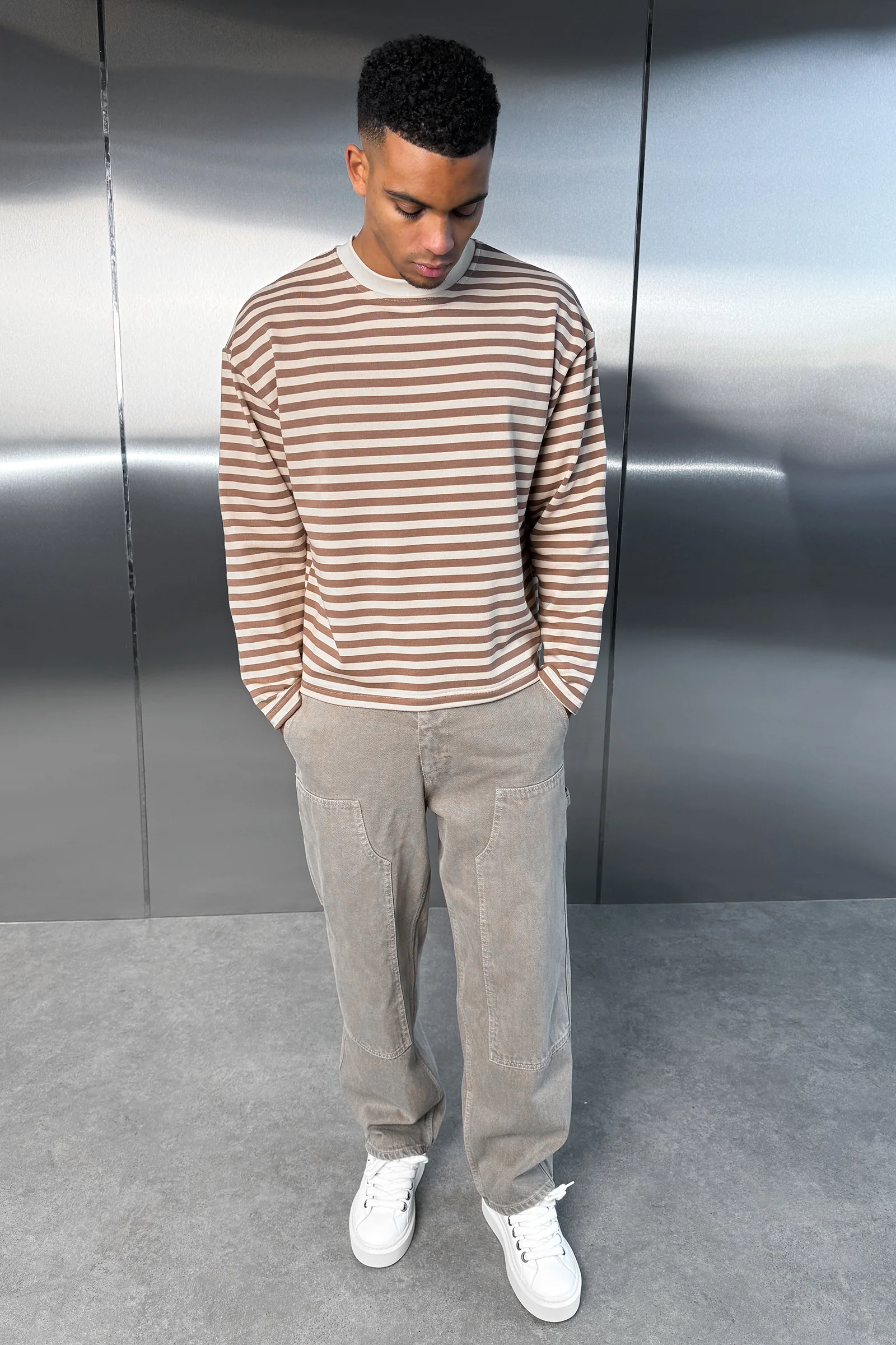 Boxy Striped Long Sleeve T-Shirt - Ecru - Image 7