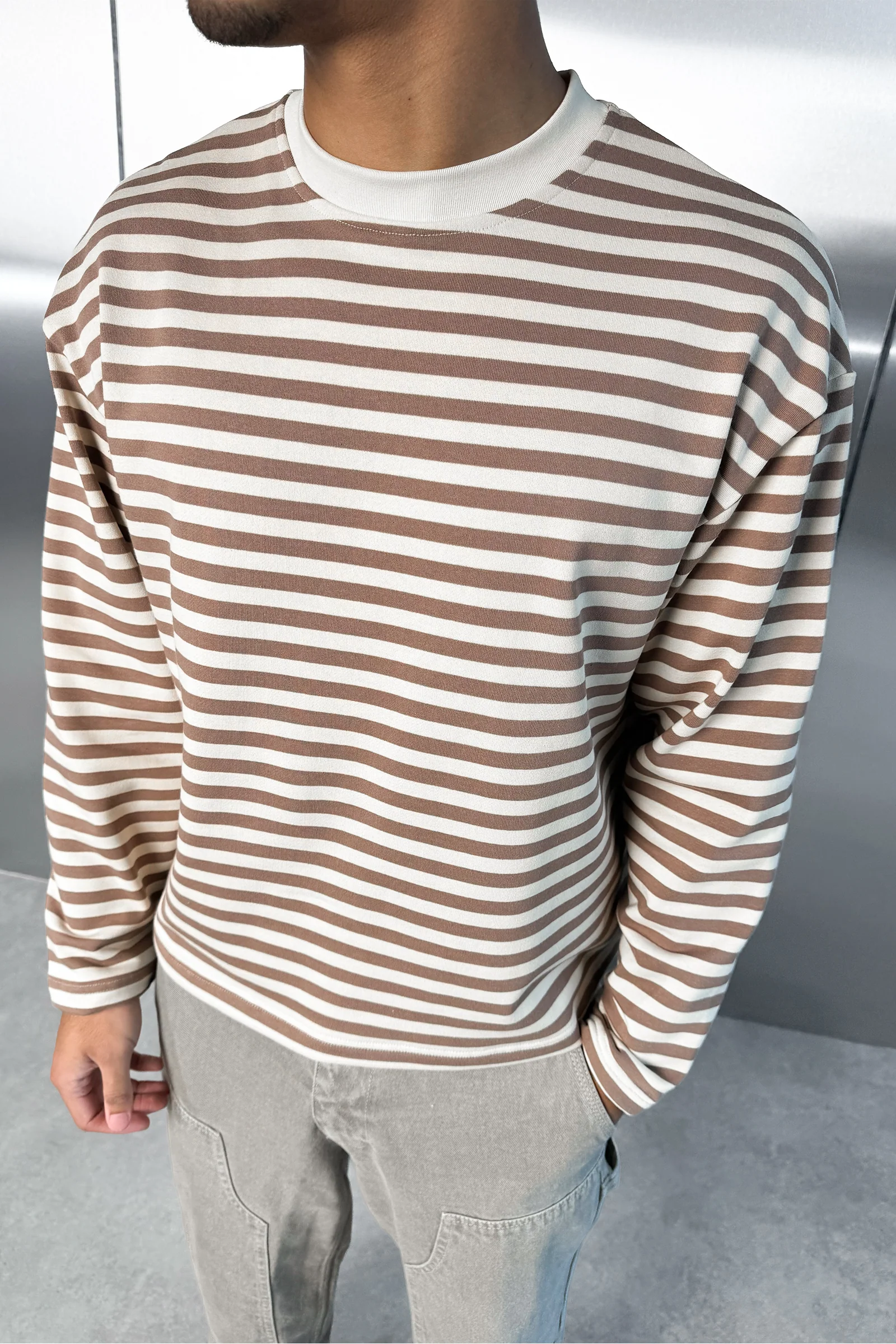 Boxy Striped Long Sleeve T-Shirt - Ecru - Image 8
