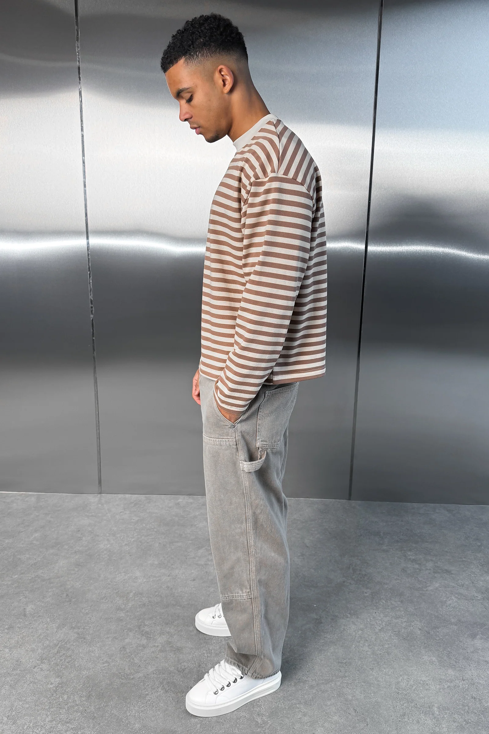 Boxy Striped Long Sleeve T-Shirt - Ecru - Image 9