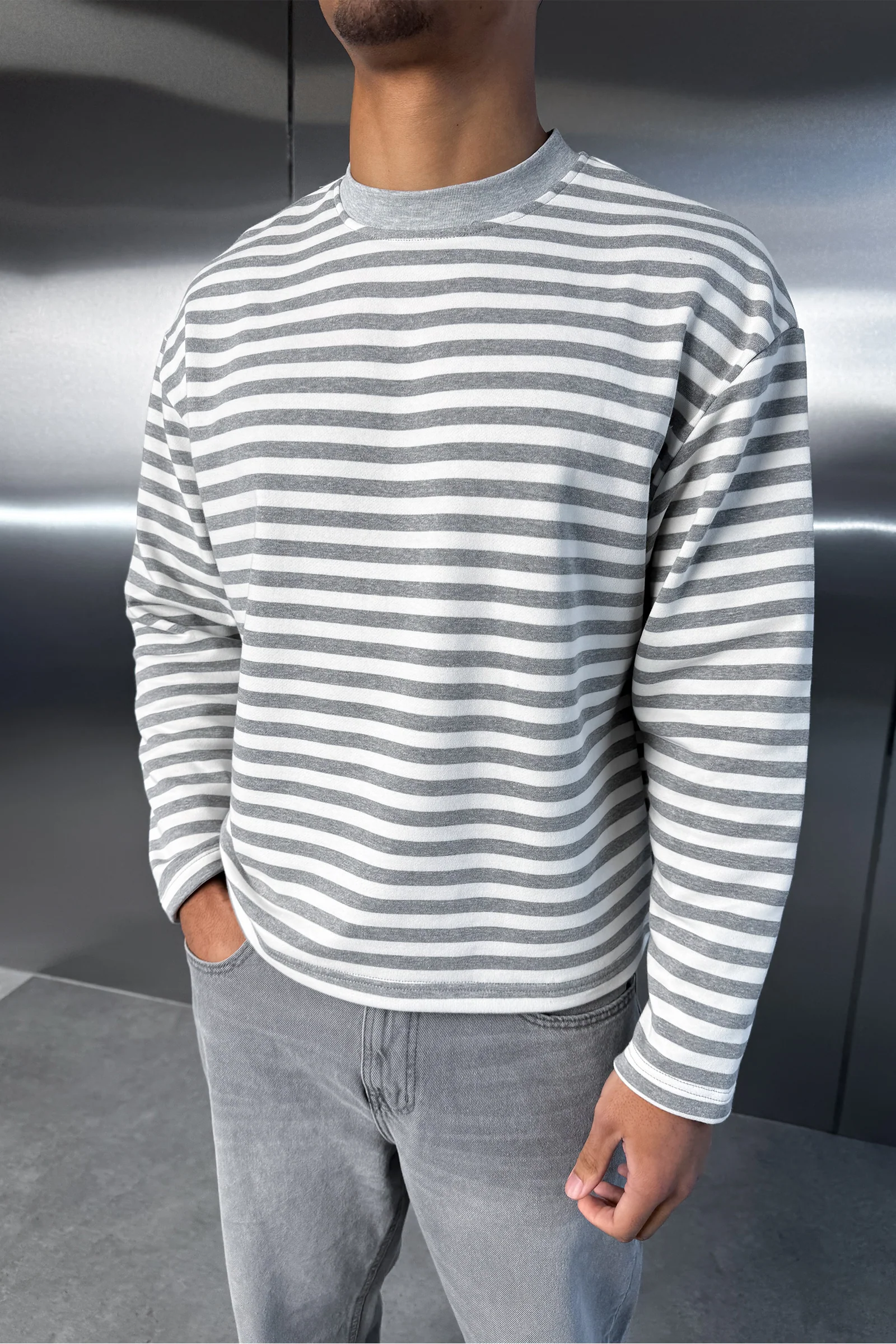 Boxy Striped Long Sleeve T-Shirt - Grey - Image 2