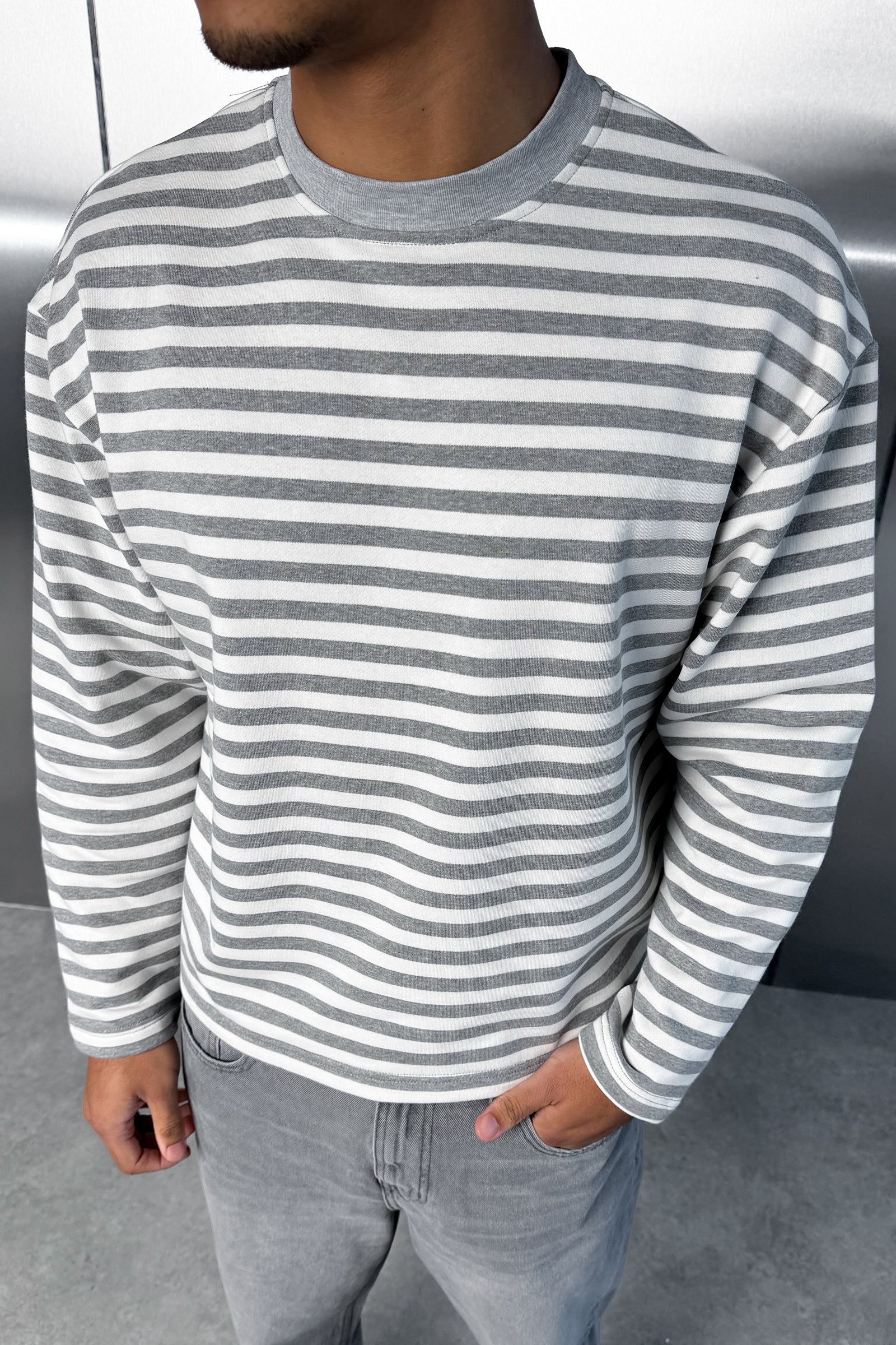 Boxy Striped Long Sleeve T-Shirt - Grey - Image 3