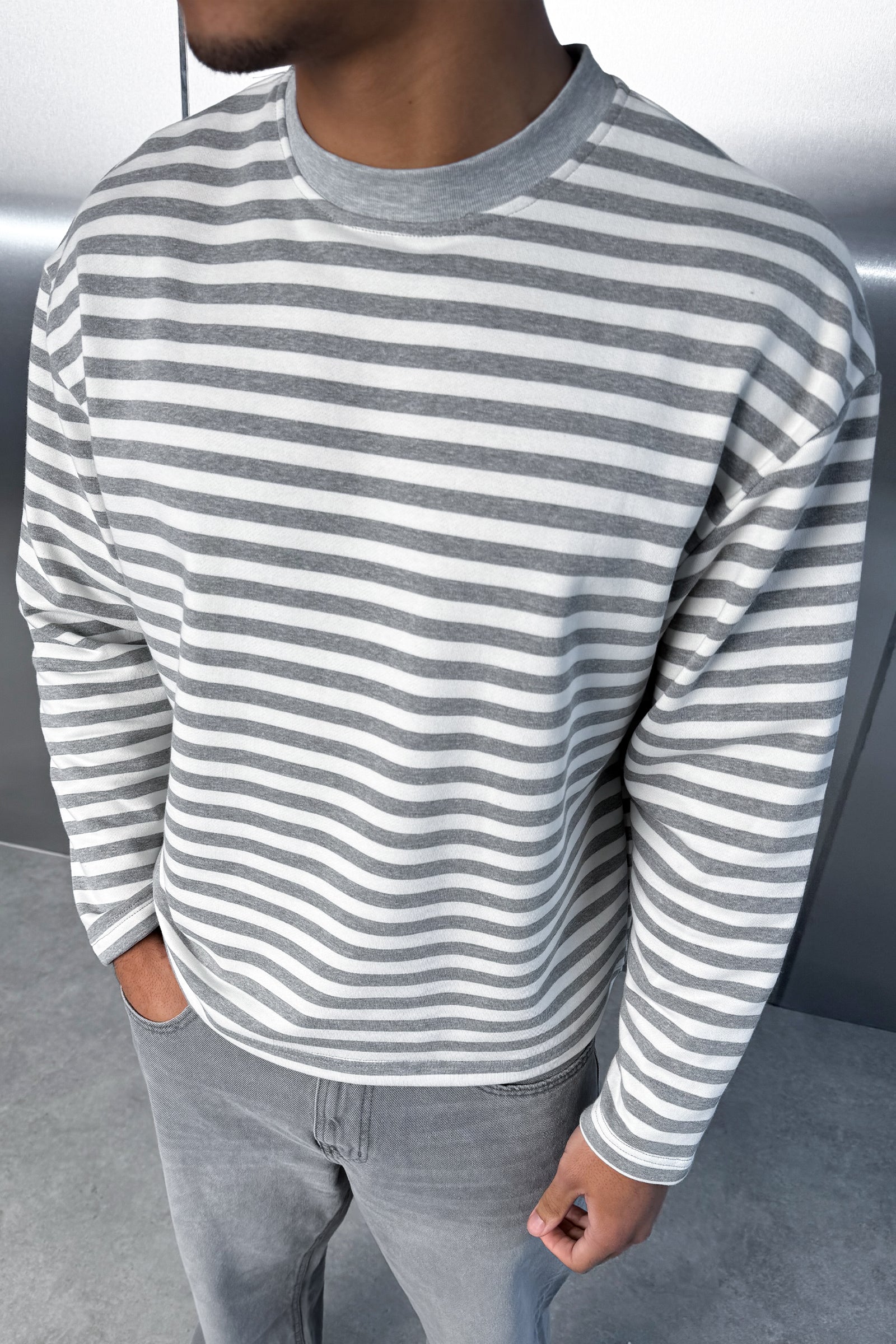 Boxy Striped Long Sleeve T-Shirt - Grey - Image 4