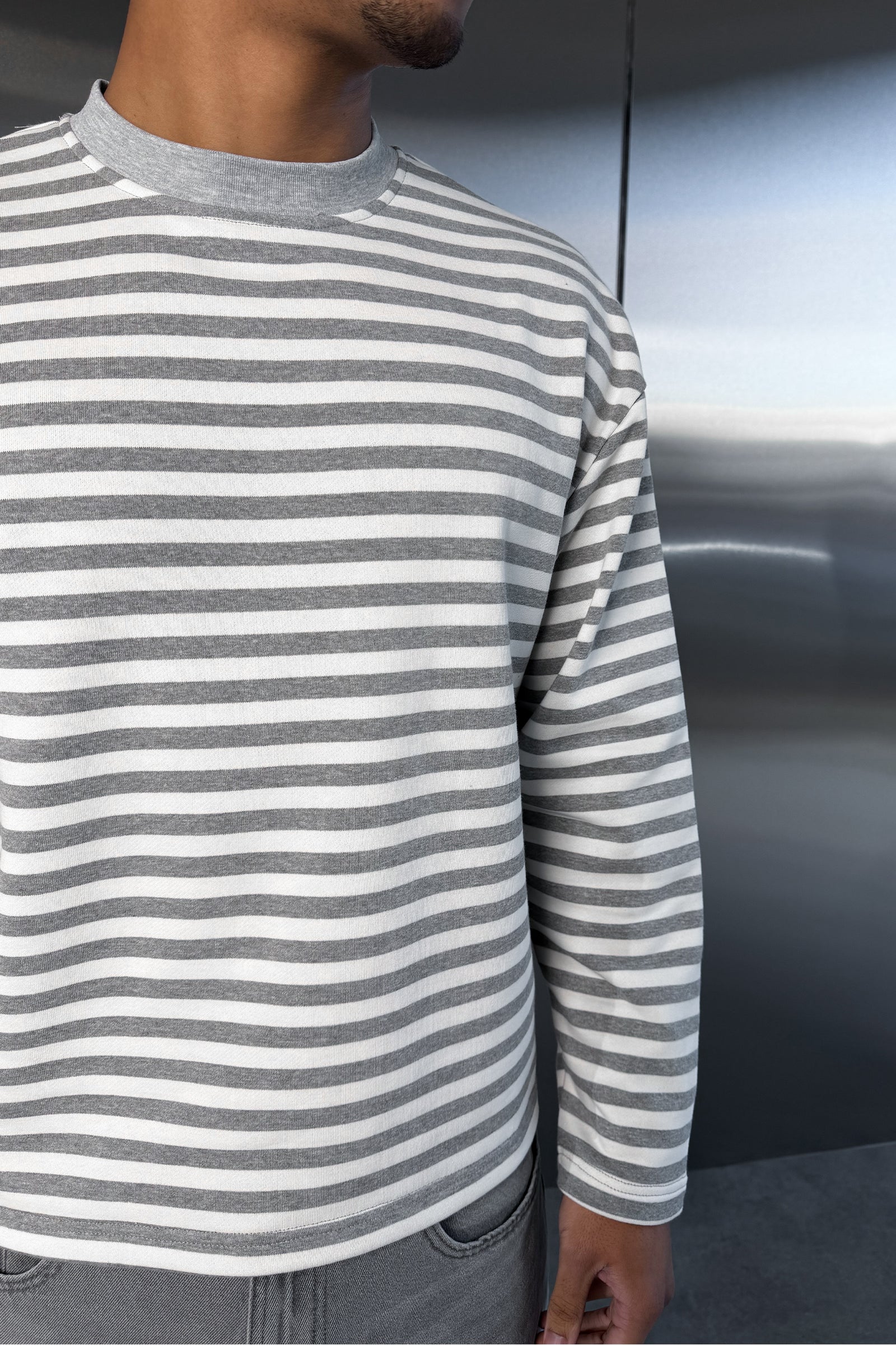 Boxy Striped Long Sleeve T-Shirt - Grey - Image 5