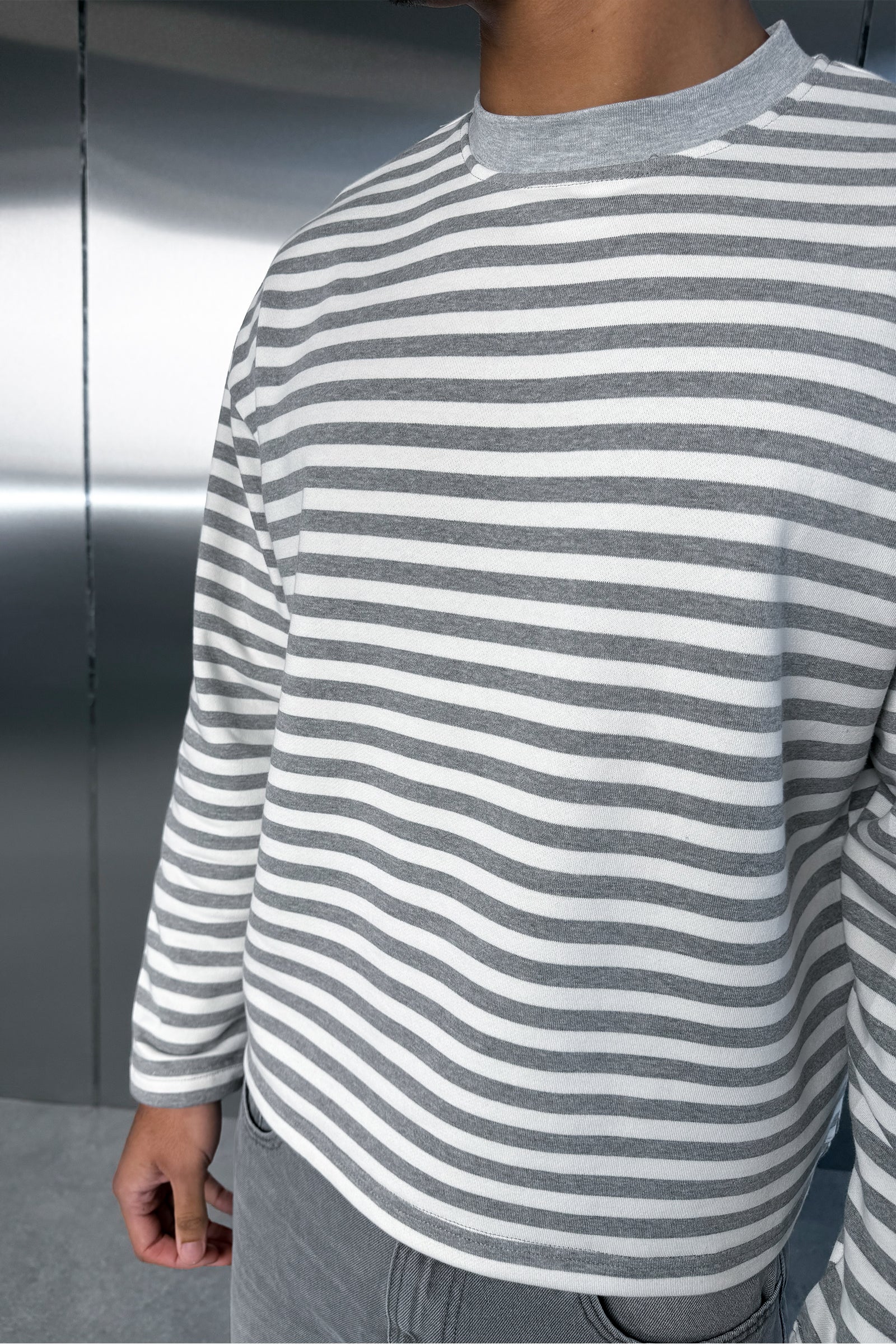 Boxy Striped Long Sleeve T-Shirt - Grey - Image 6