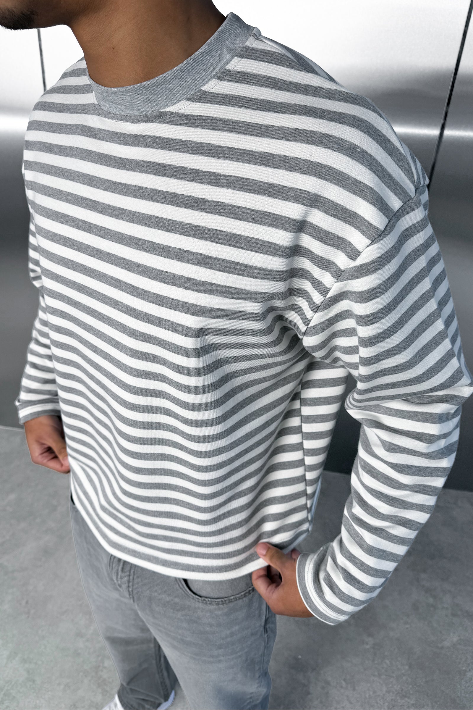 Boxy Striped Long Sleeve T-Shirt - Grey - Image 8