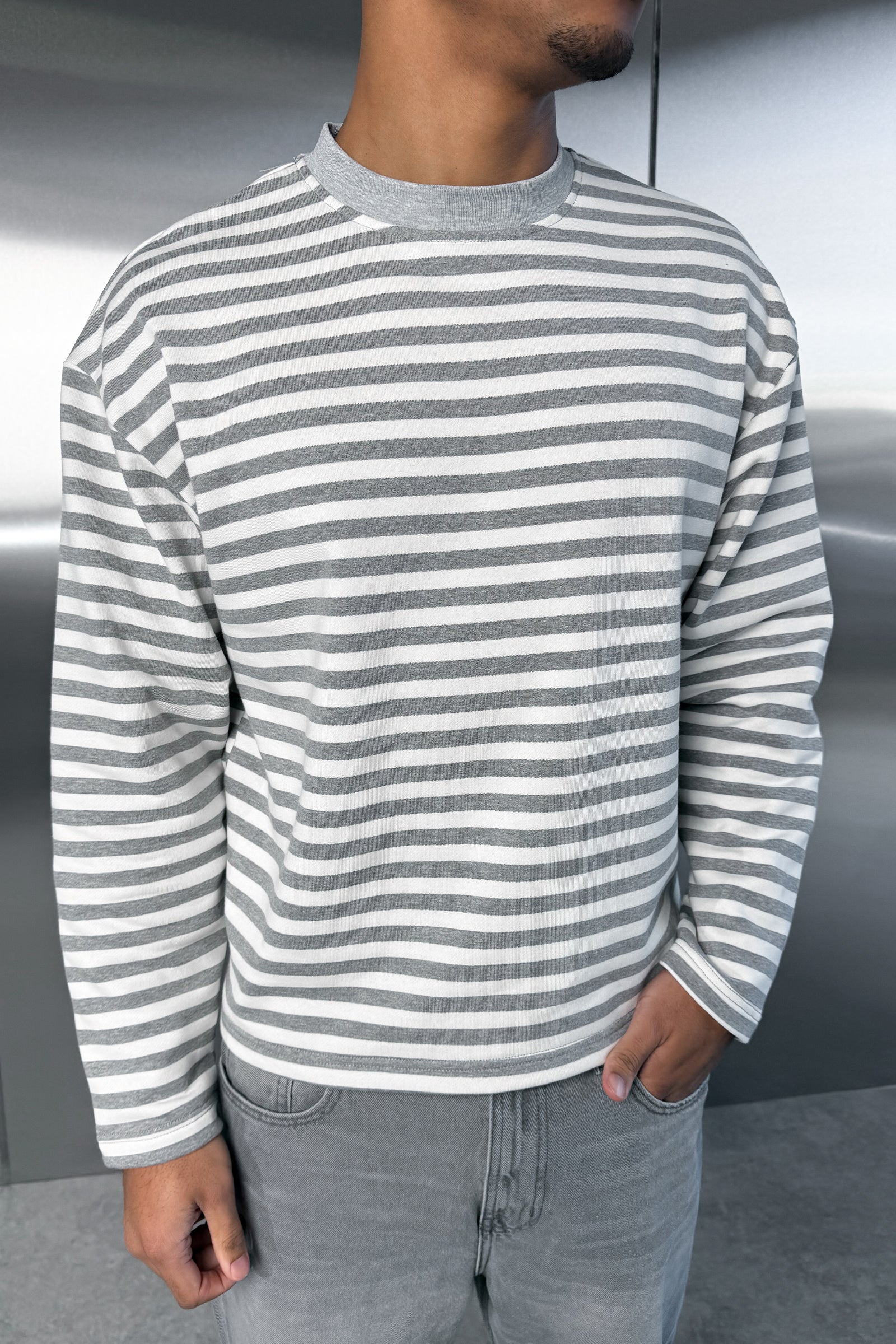 Boxy Striped Long Sleeve T-Shirt - Grey - Image 9