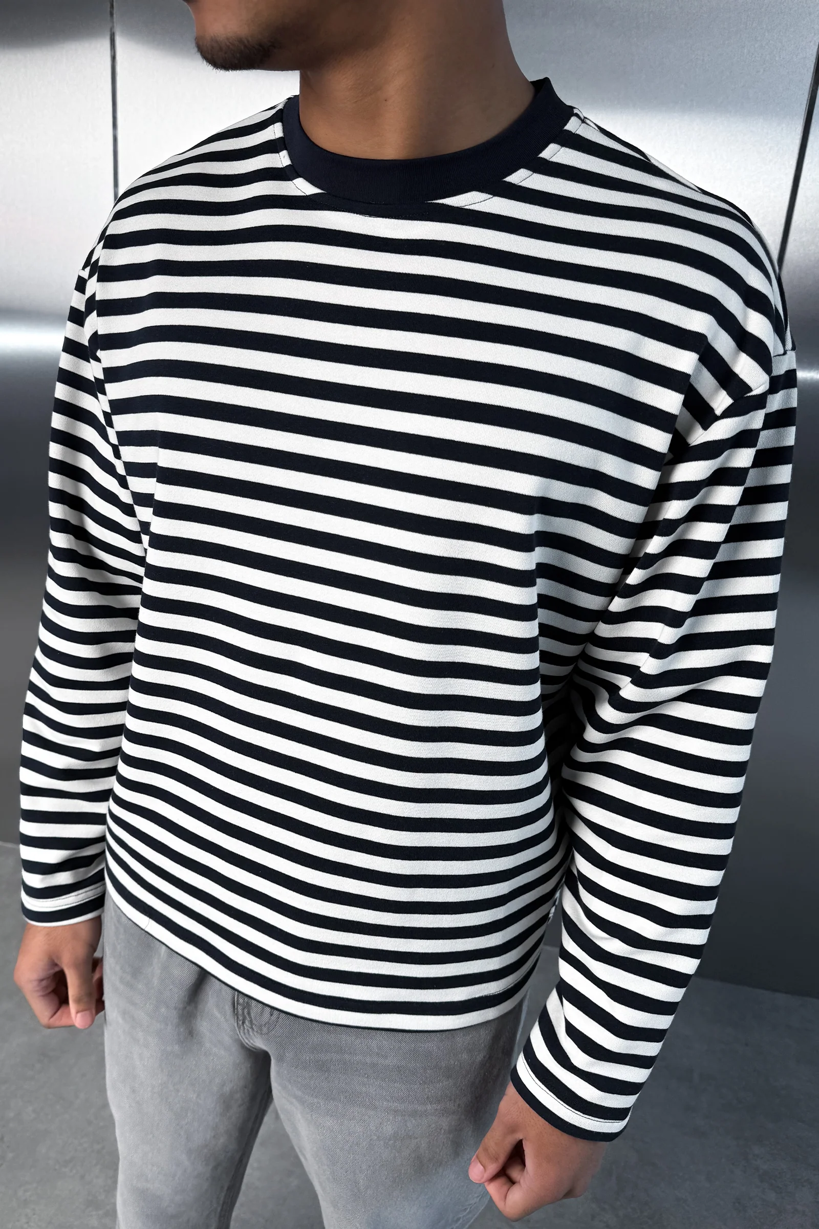 Boxy Striped Long Sleeve T-Shirt - Navy