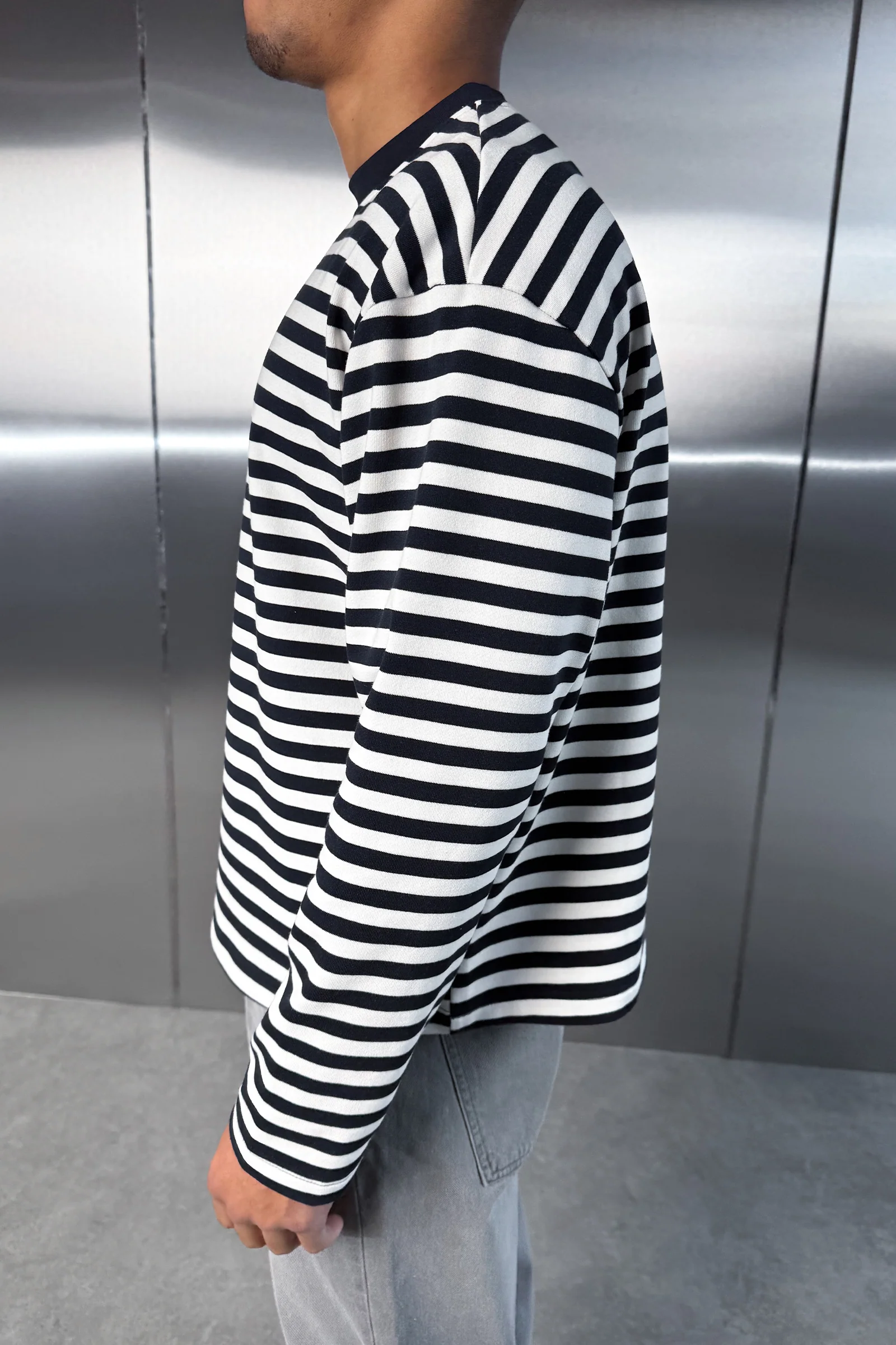 Boxy Striped Long Sleeve T-Shirt - Navy - Image 2